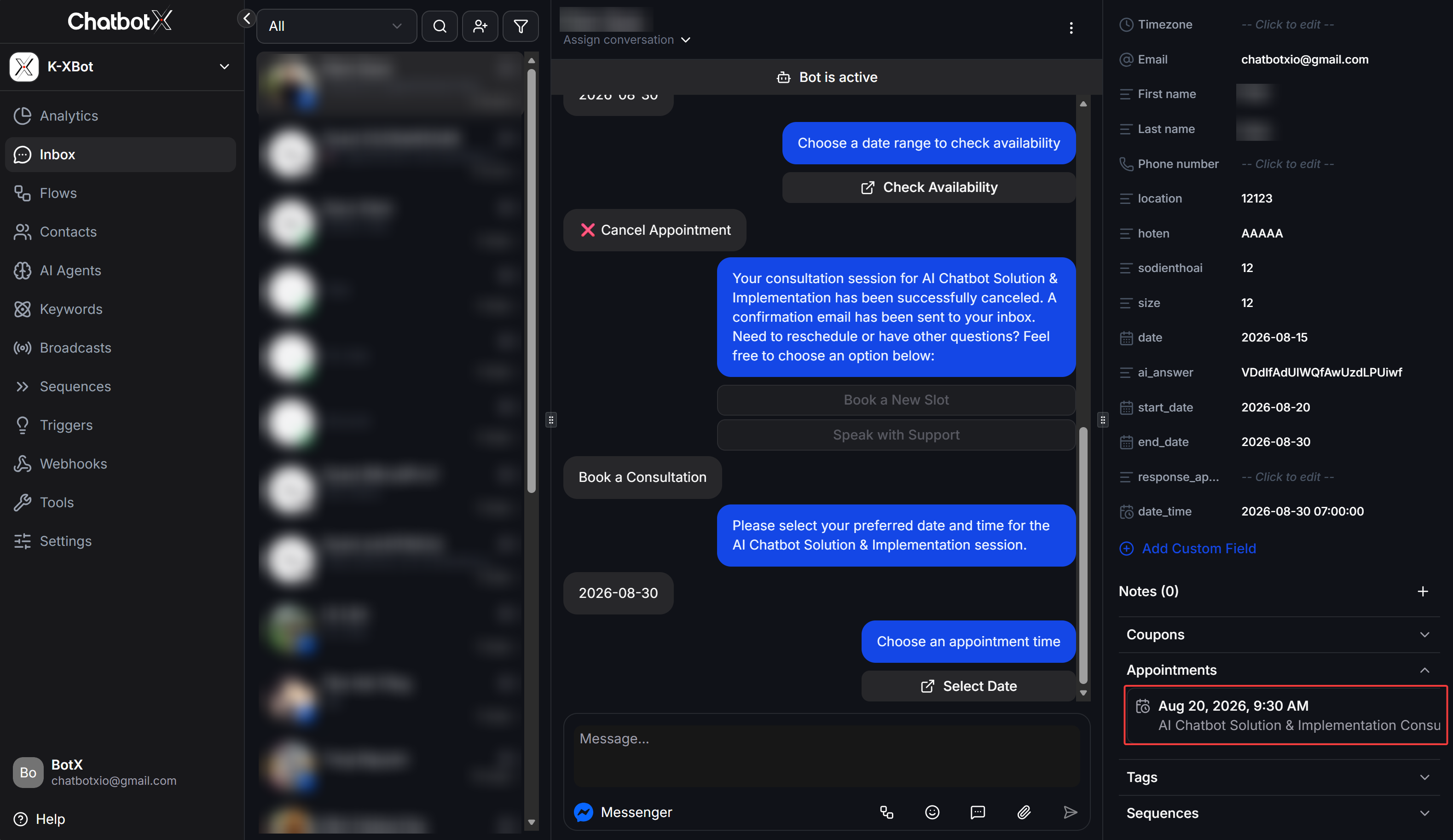 View a contact appointment in the Inbox sidebar