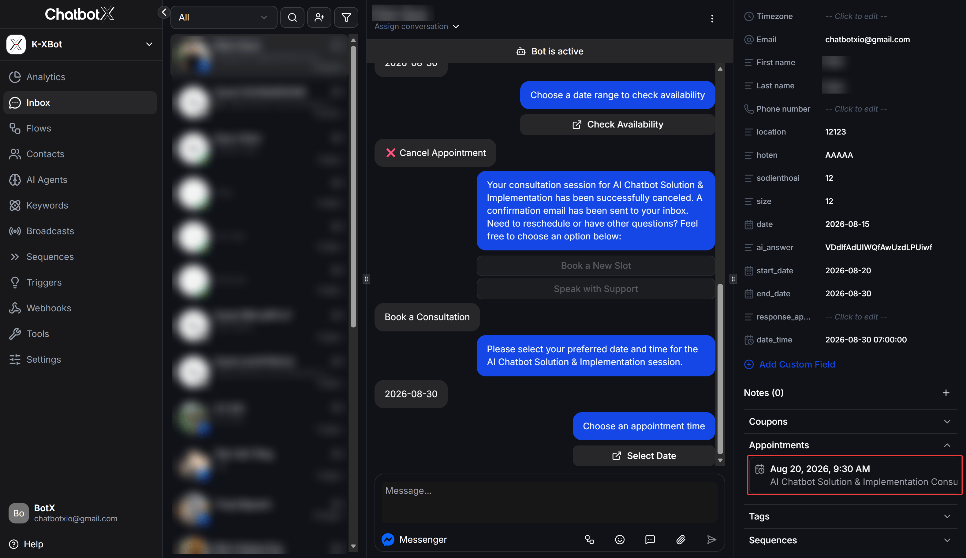 View a contact appointment in the Inbox sidebar