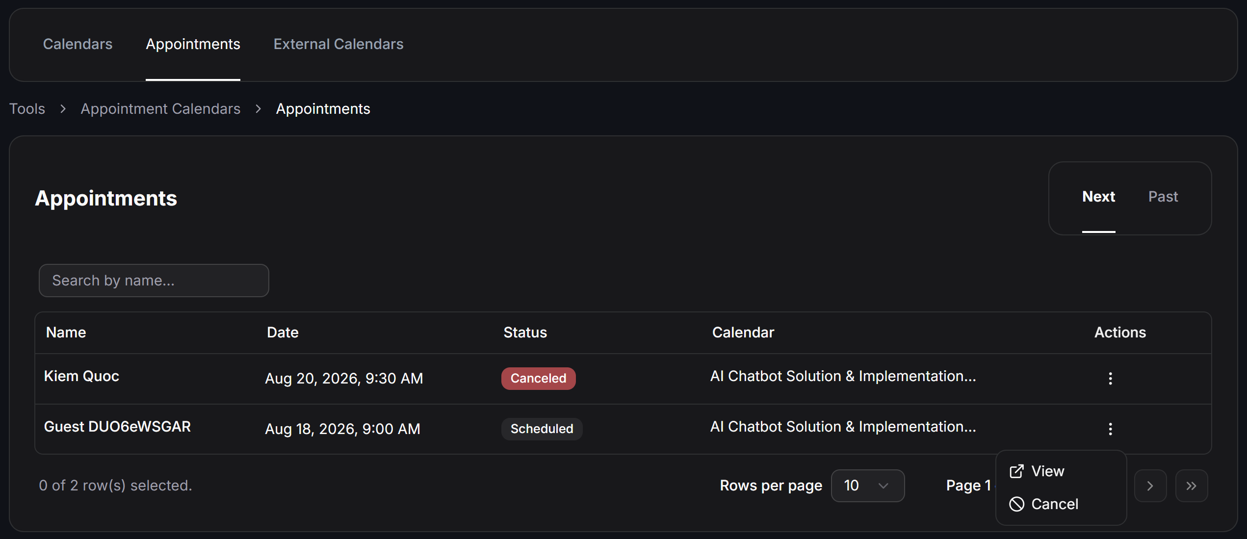 View and manage customer appointments