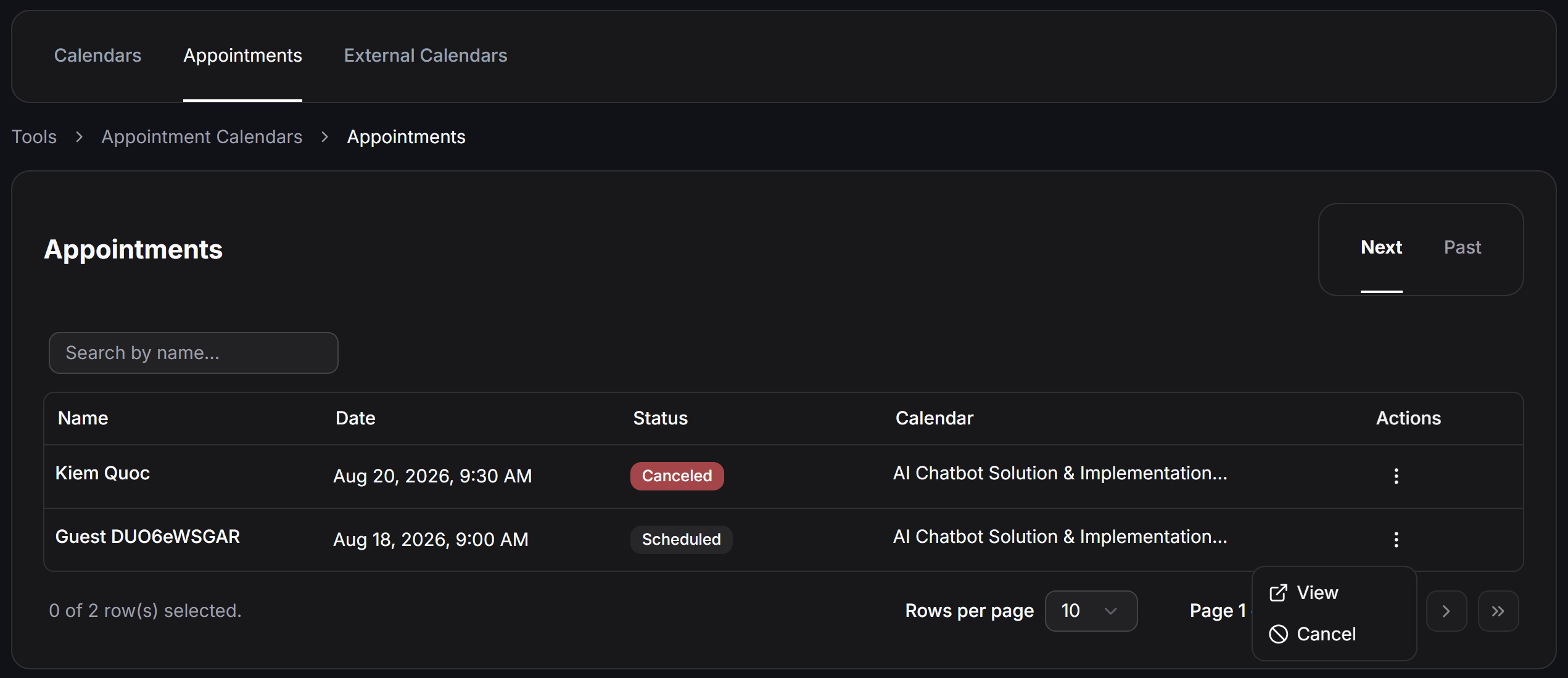 View and manage customer appointments