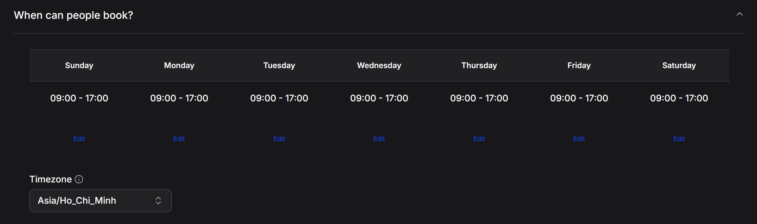 Set weekly availability and timezone