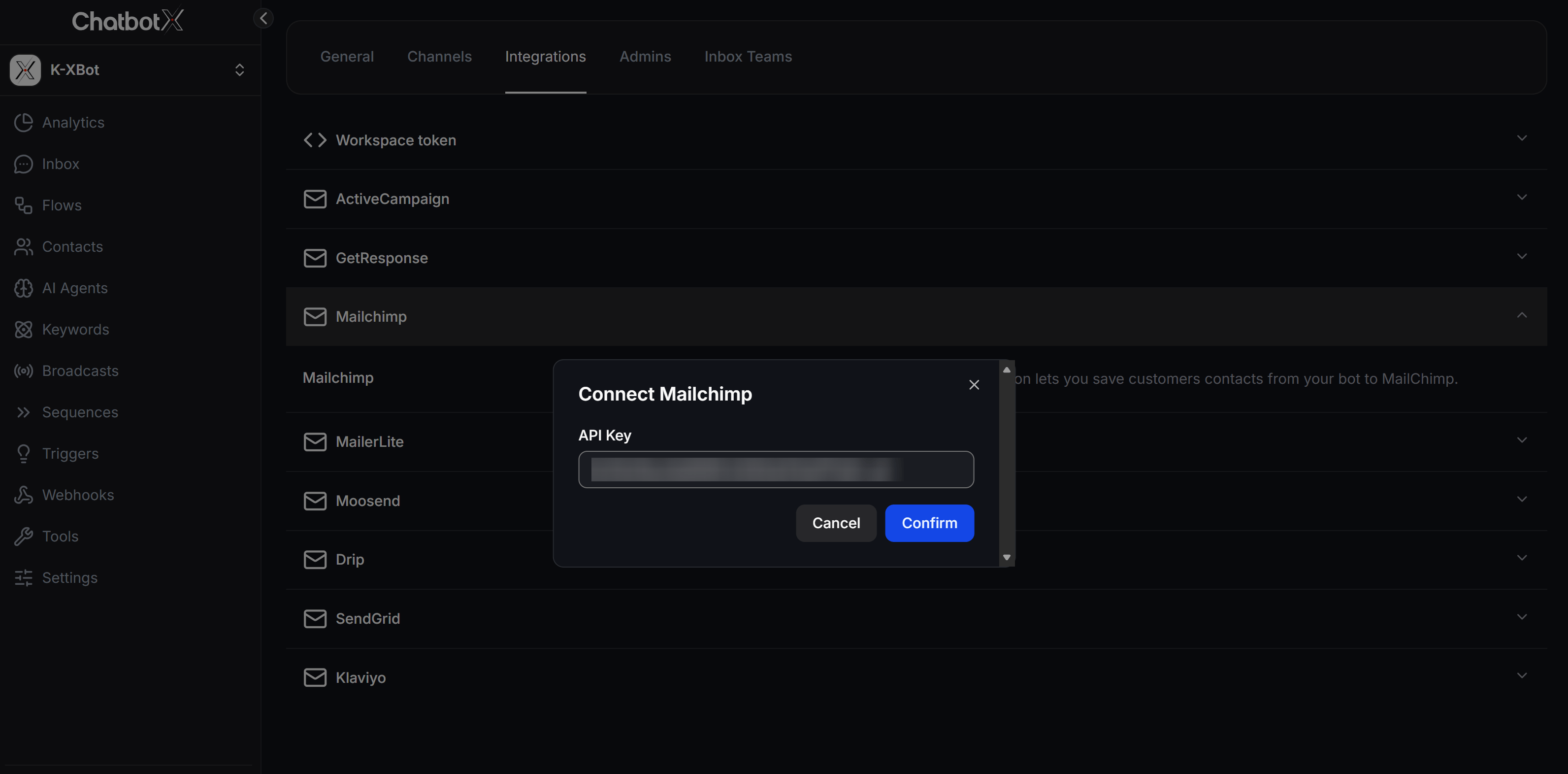 Connect Mailchimp in ChatbotX Integrations