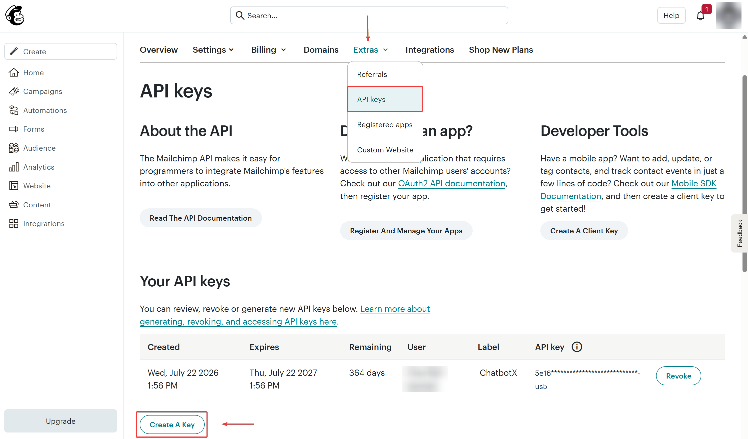 Mailchimp API Keys Settings