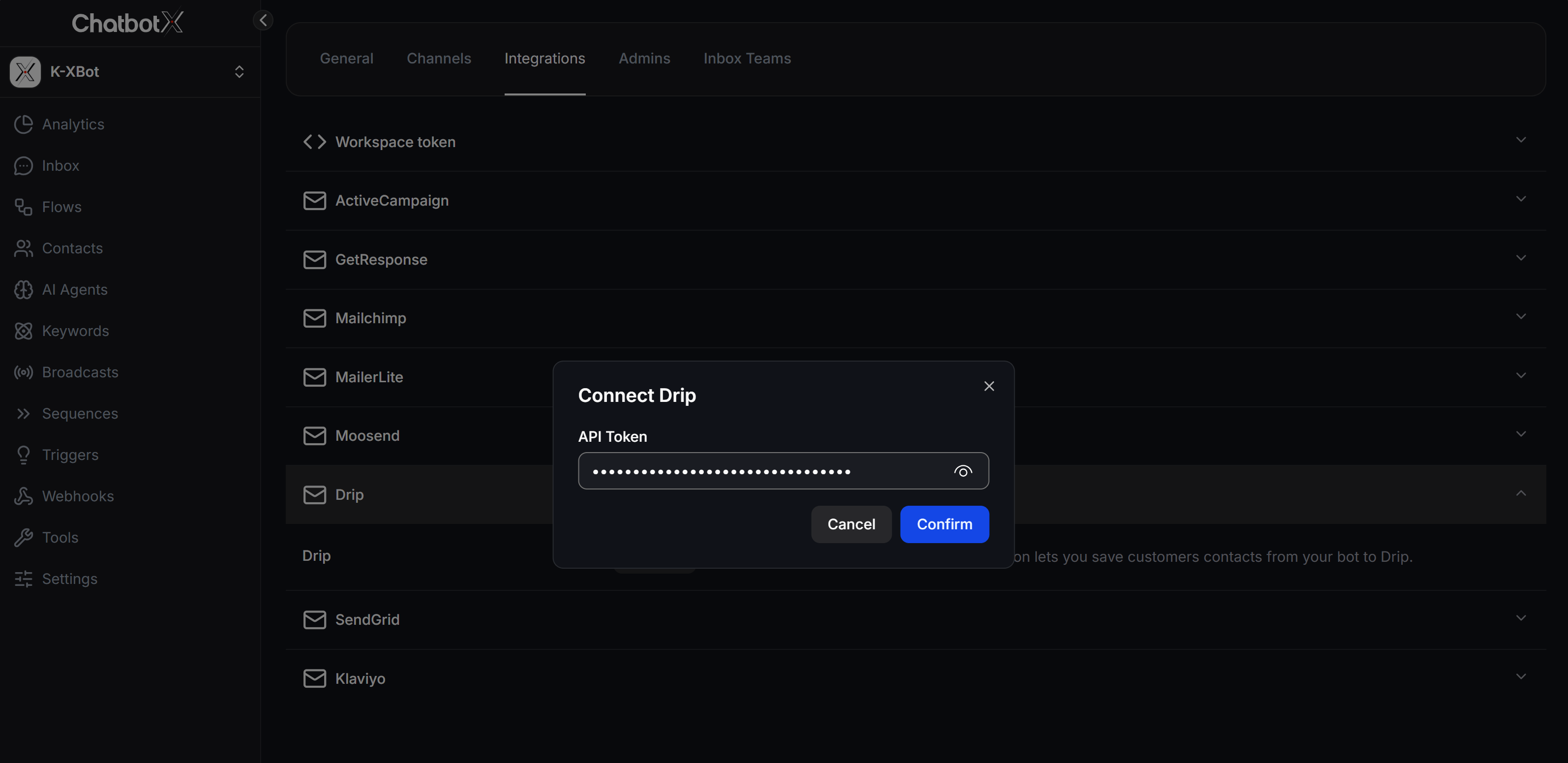 Connect Drip in ChatbotX Integrations