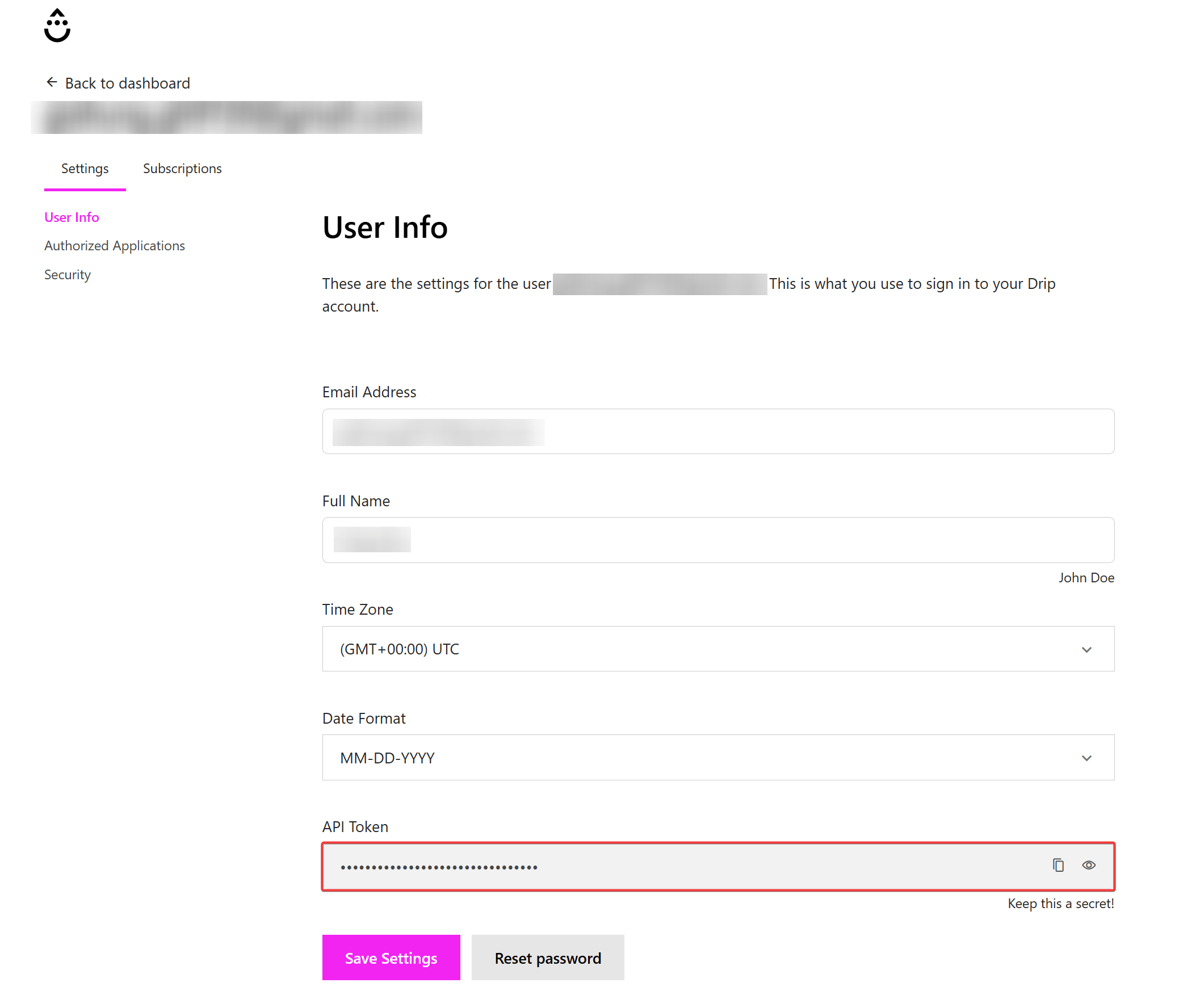 Drip API Token in User Settings