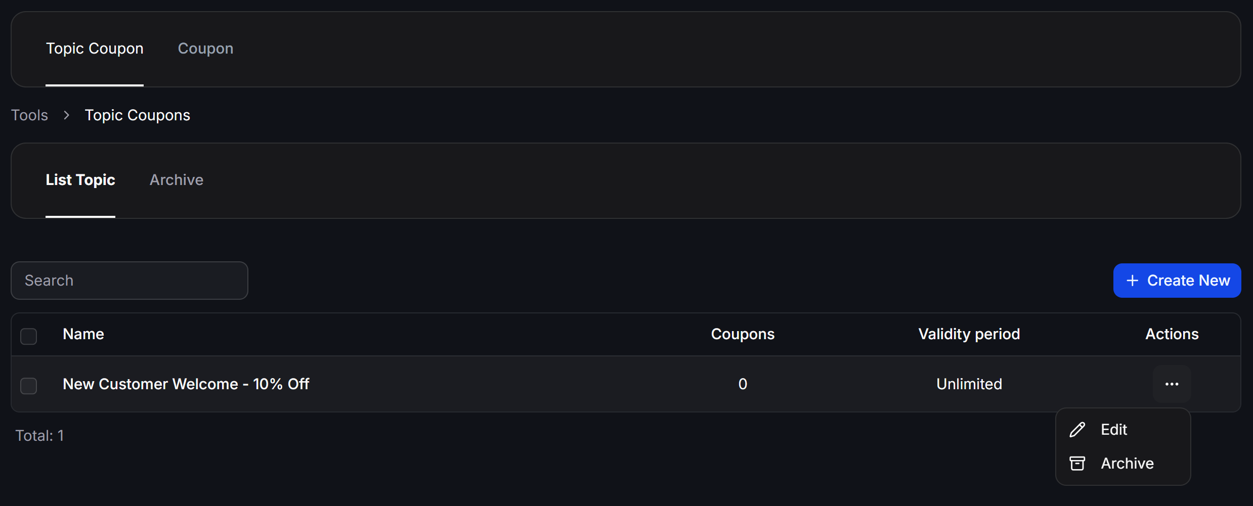 View the Topic Coupon list and actions