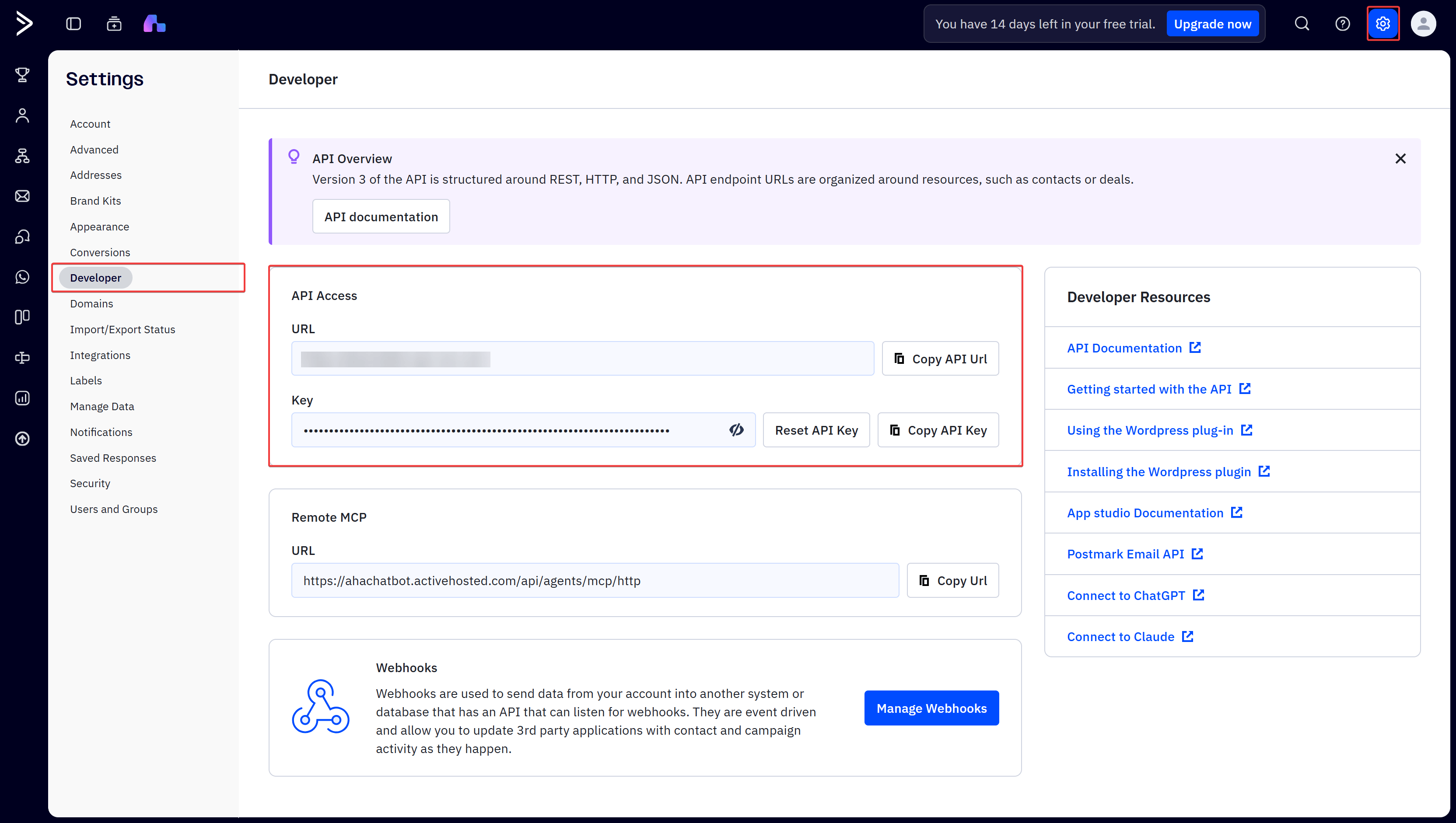 ActiveCampaign Developer Settings API Credentials