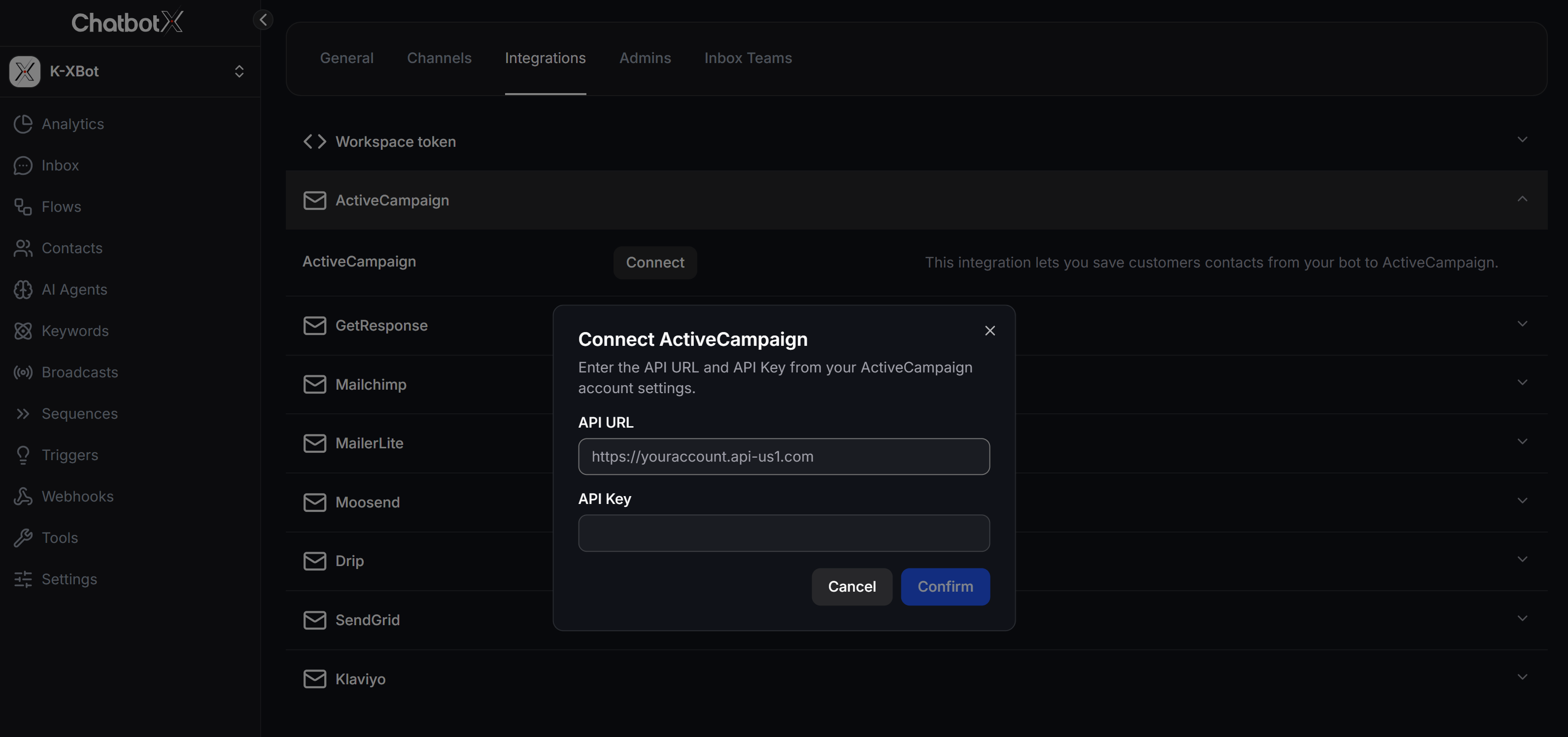 Connect ActiveCampaign in ChatbotX Integrations