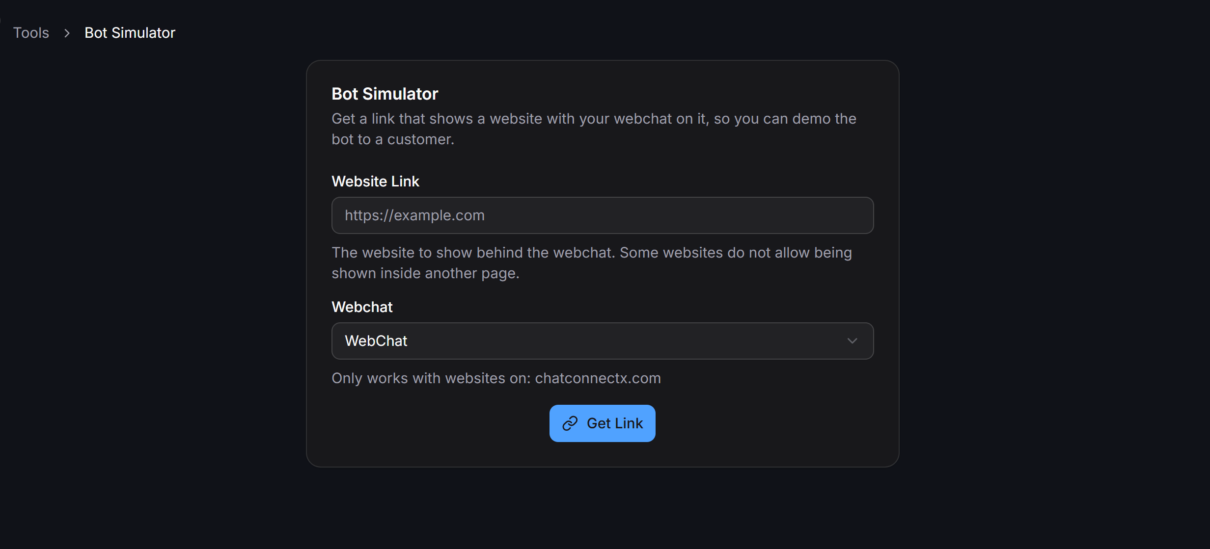 Bot Simulator configuration interface