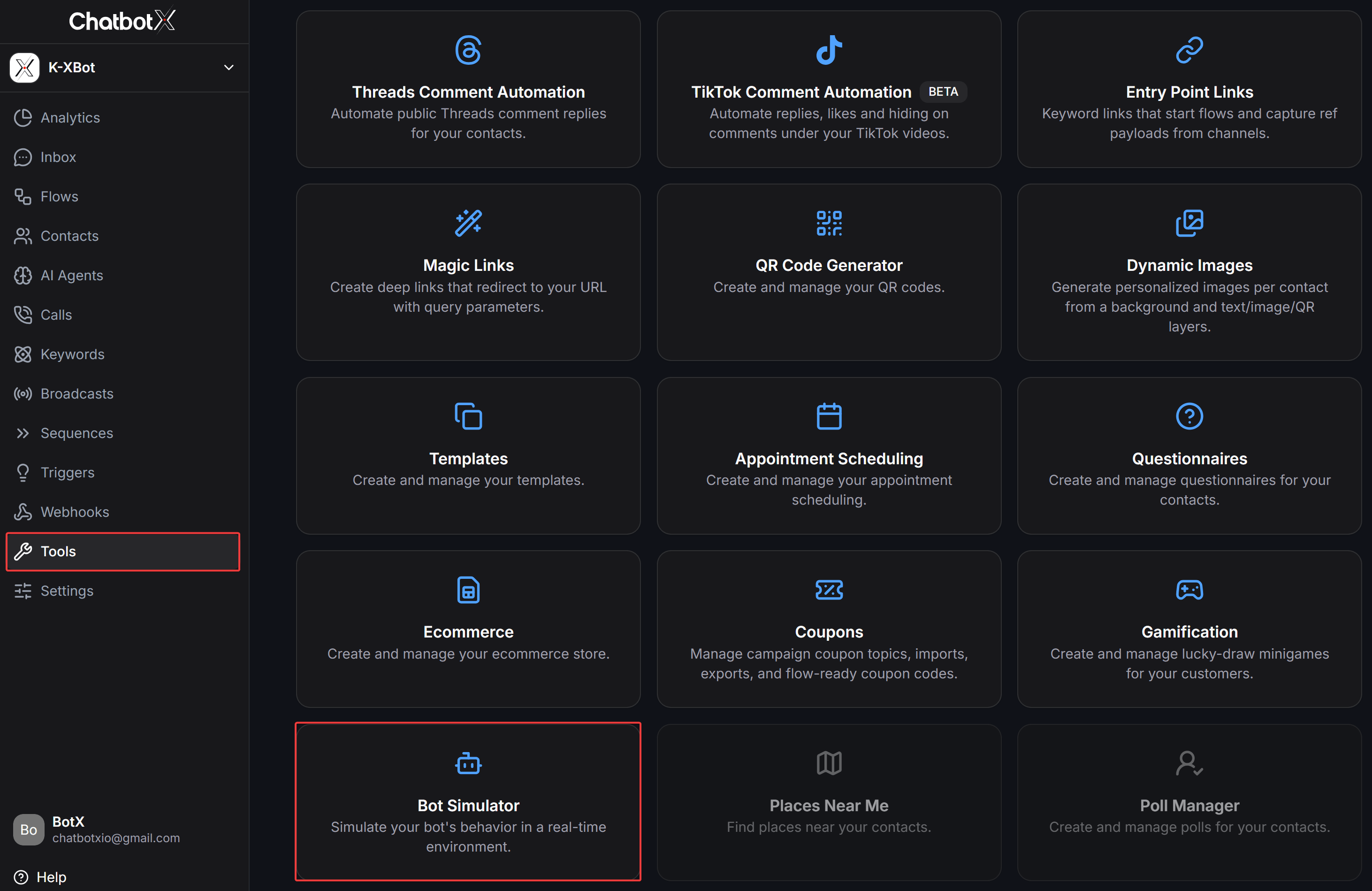 Bot Simulator location in Tools menu