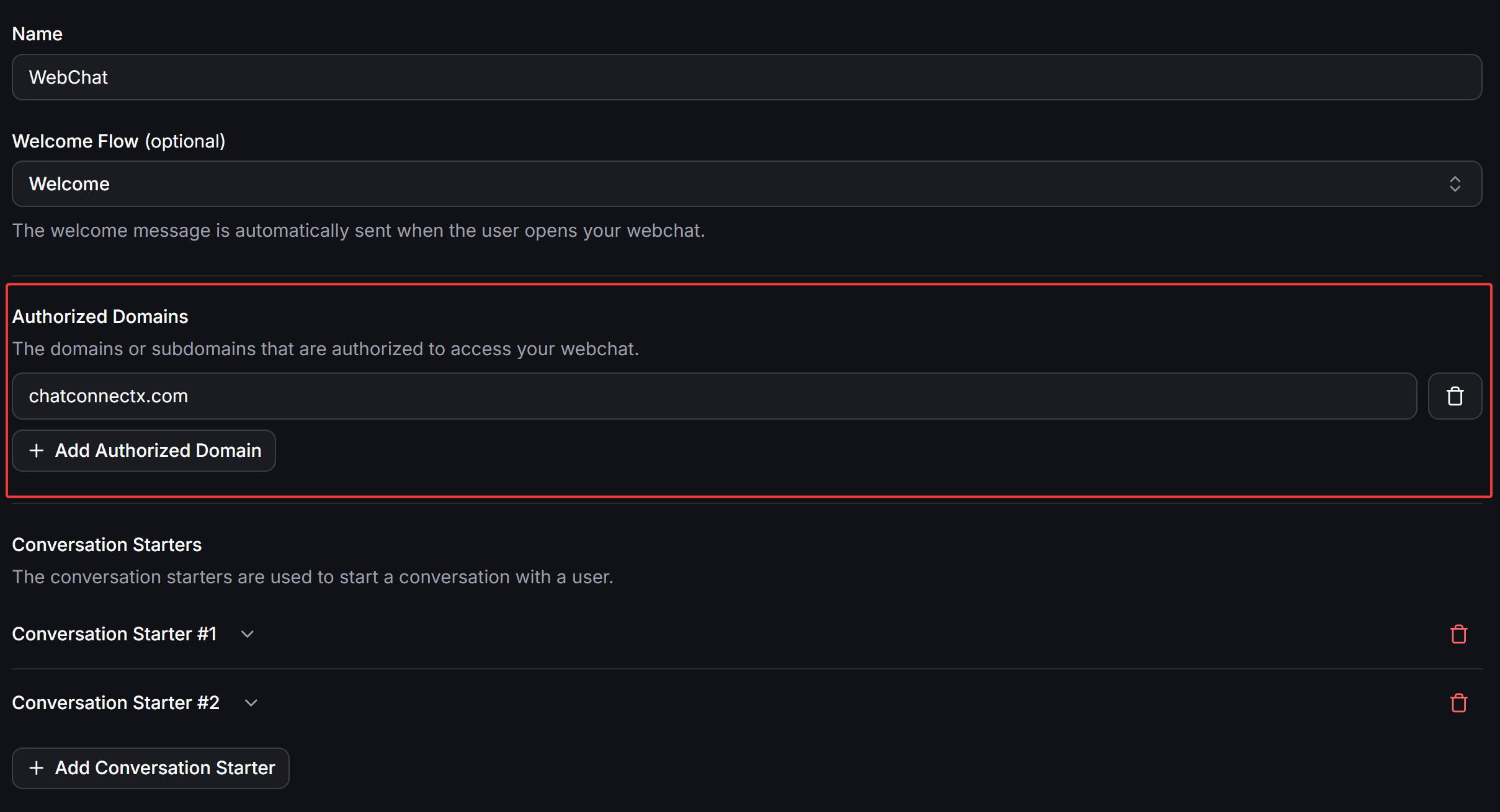 Configure Authorized Domains in Webchat channel