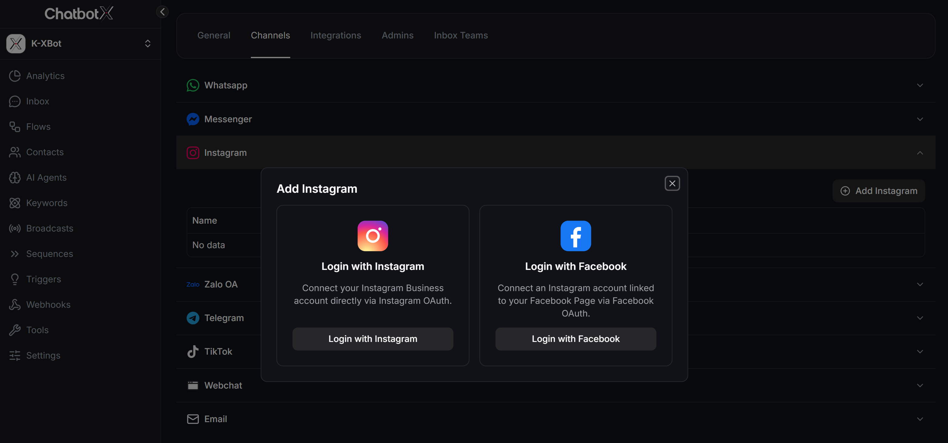 Chatbotx Add Instagram Options