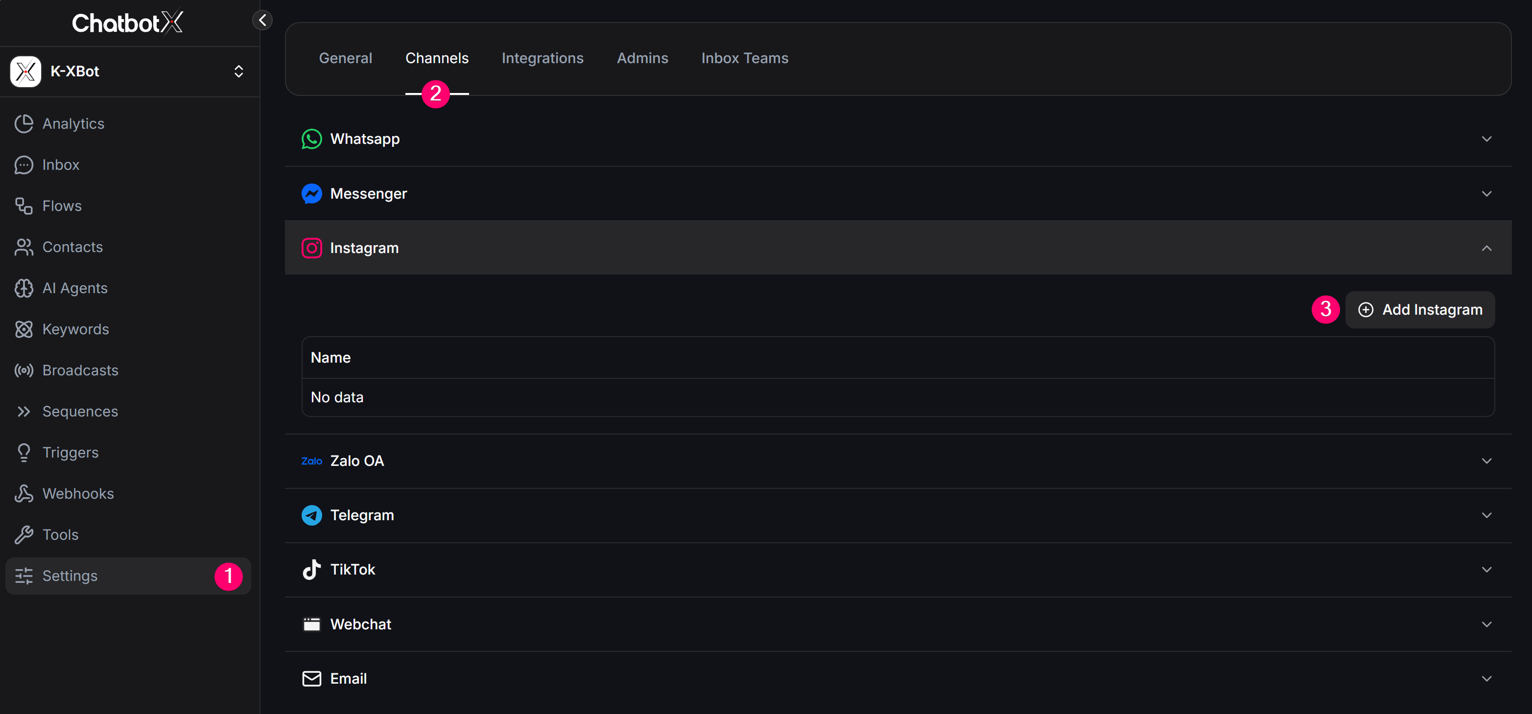 Chatbotx Navigate To Instagram Channel Setup