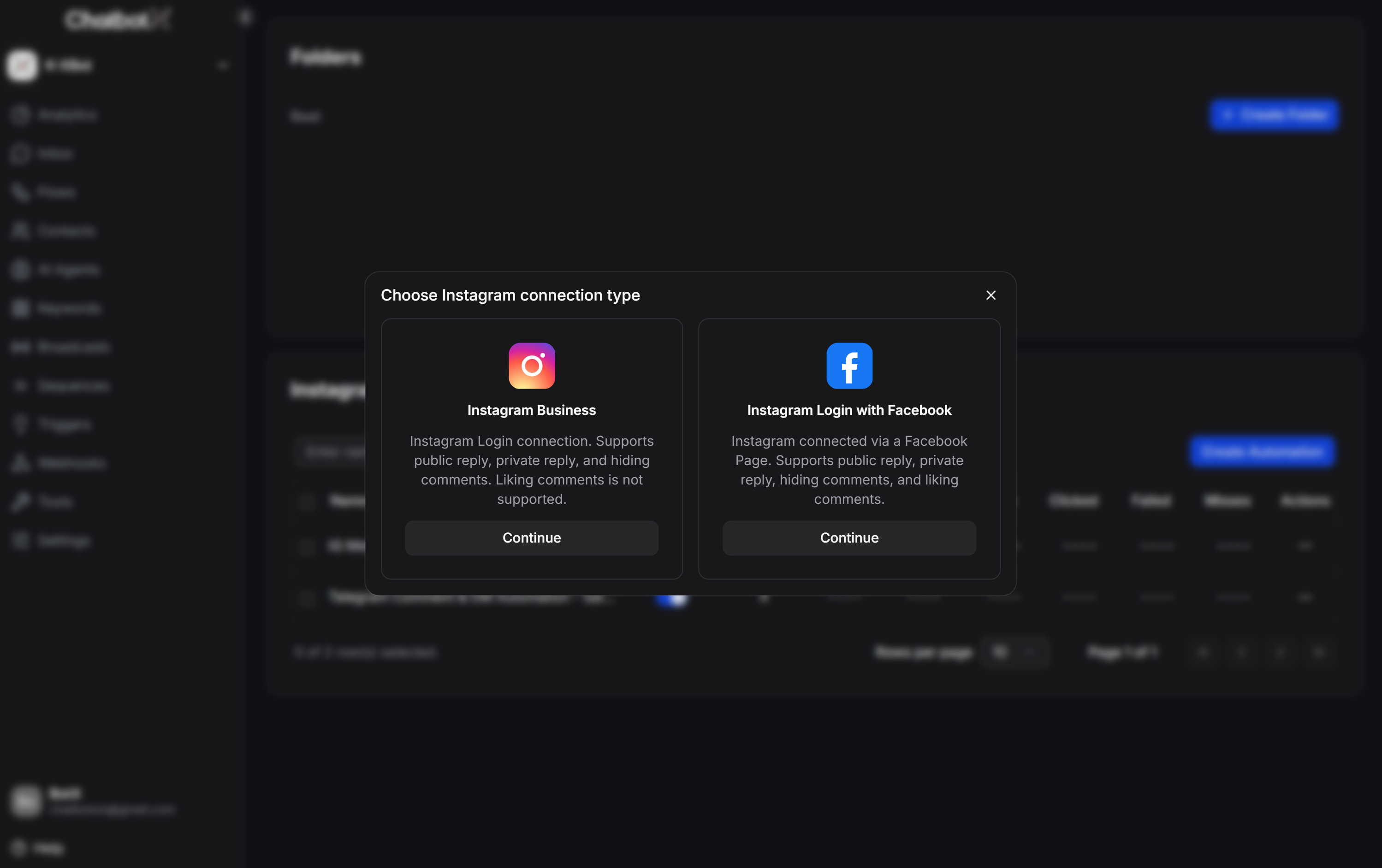 Choose Instagram connection type