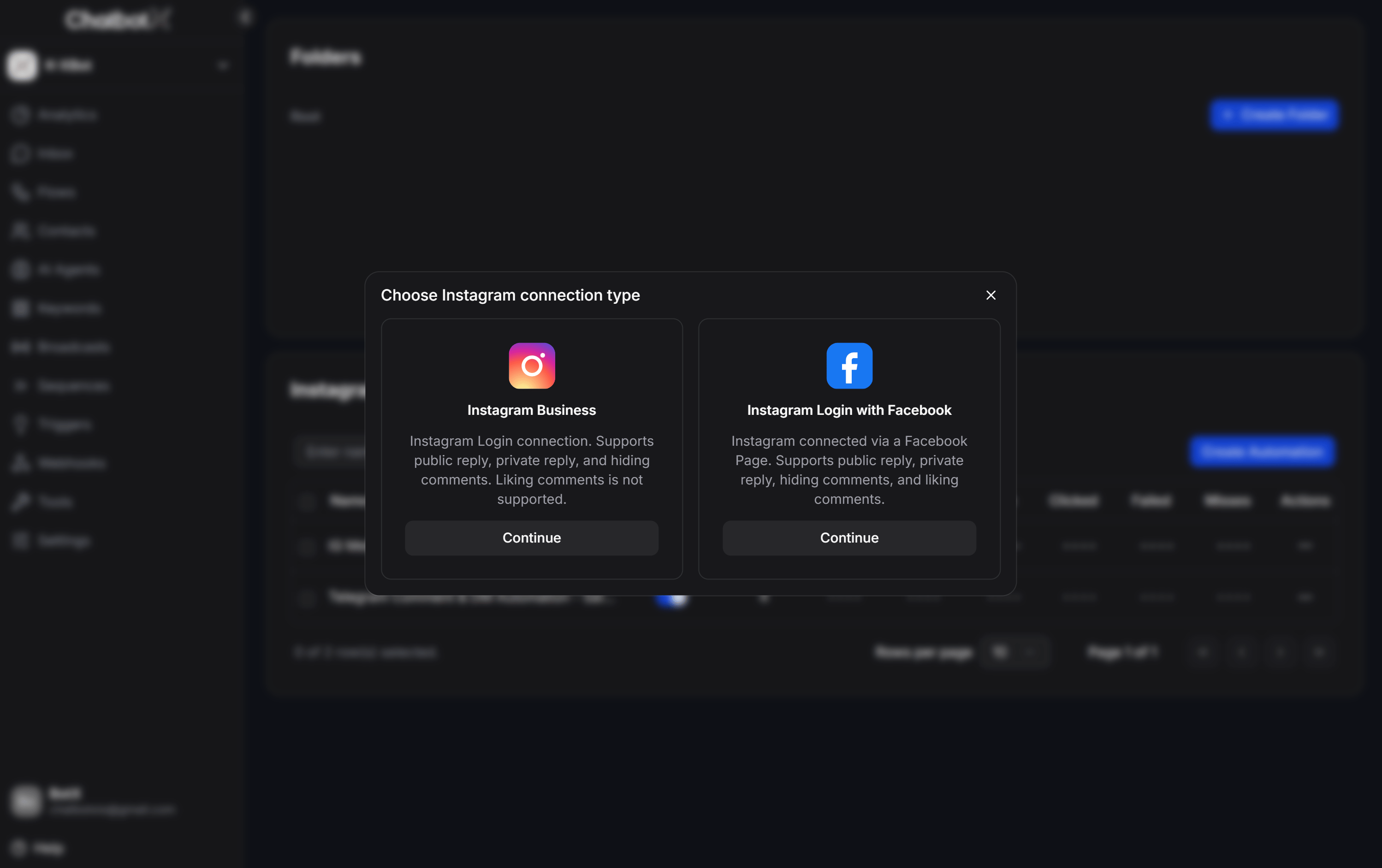 Choose Instagram connection type