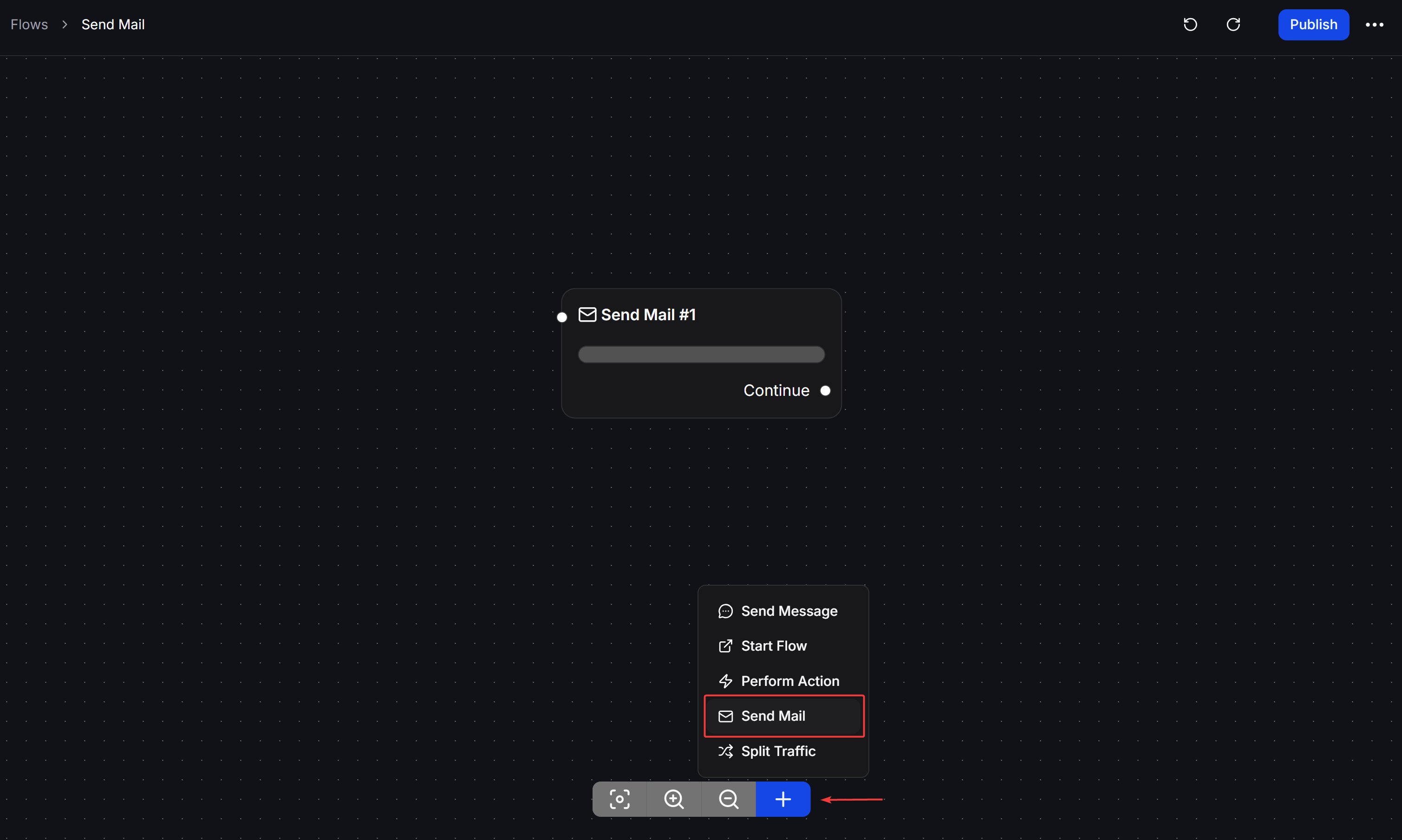 Send Mail node in the Flow node menu