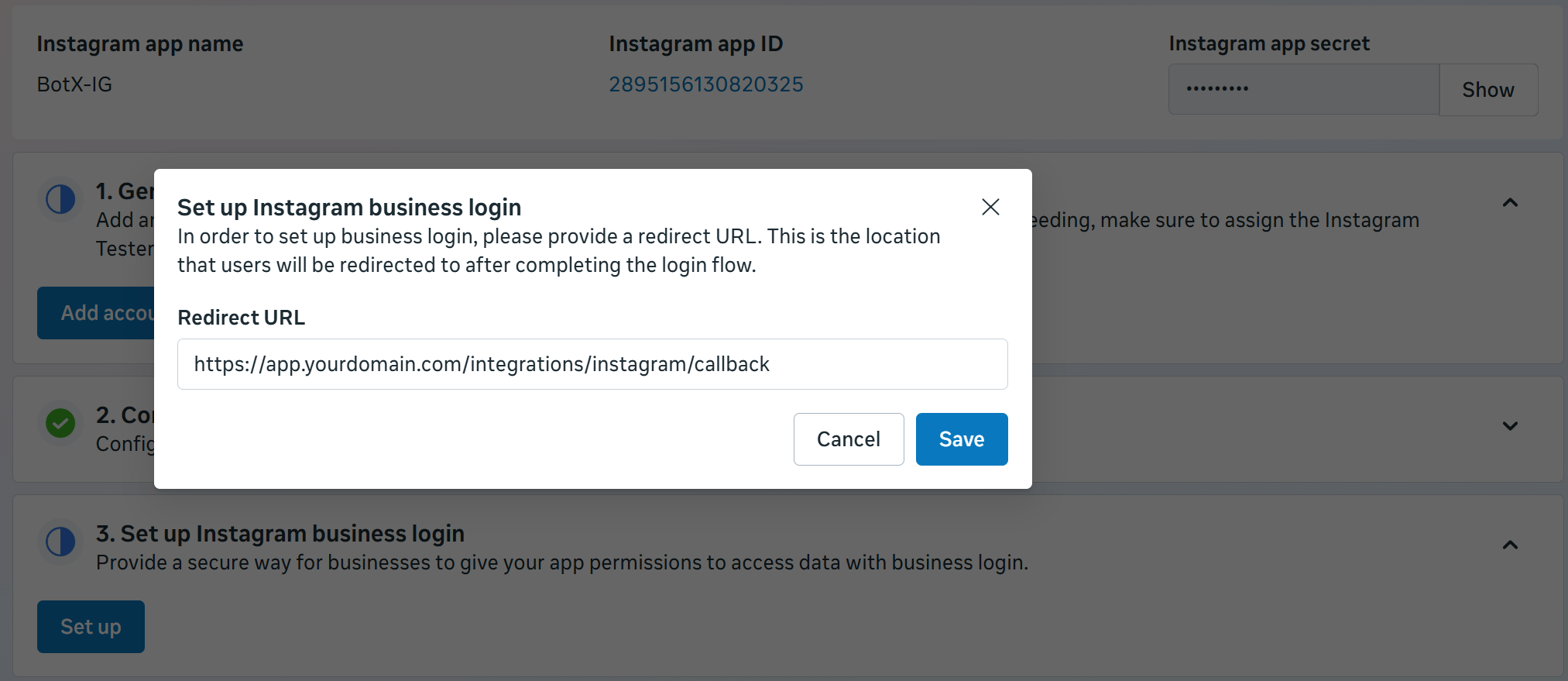 Configuring Instagram Business Login Redirect Url