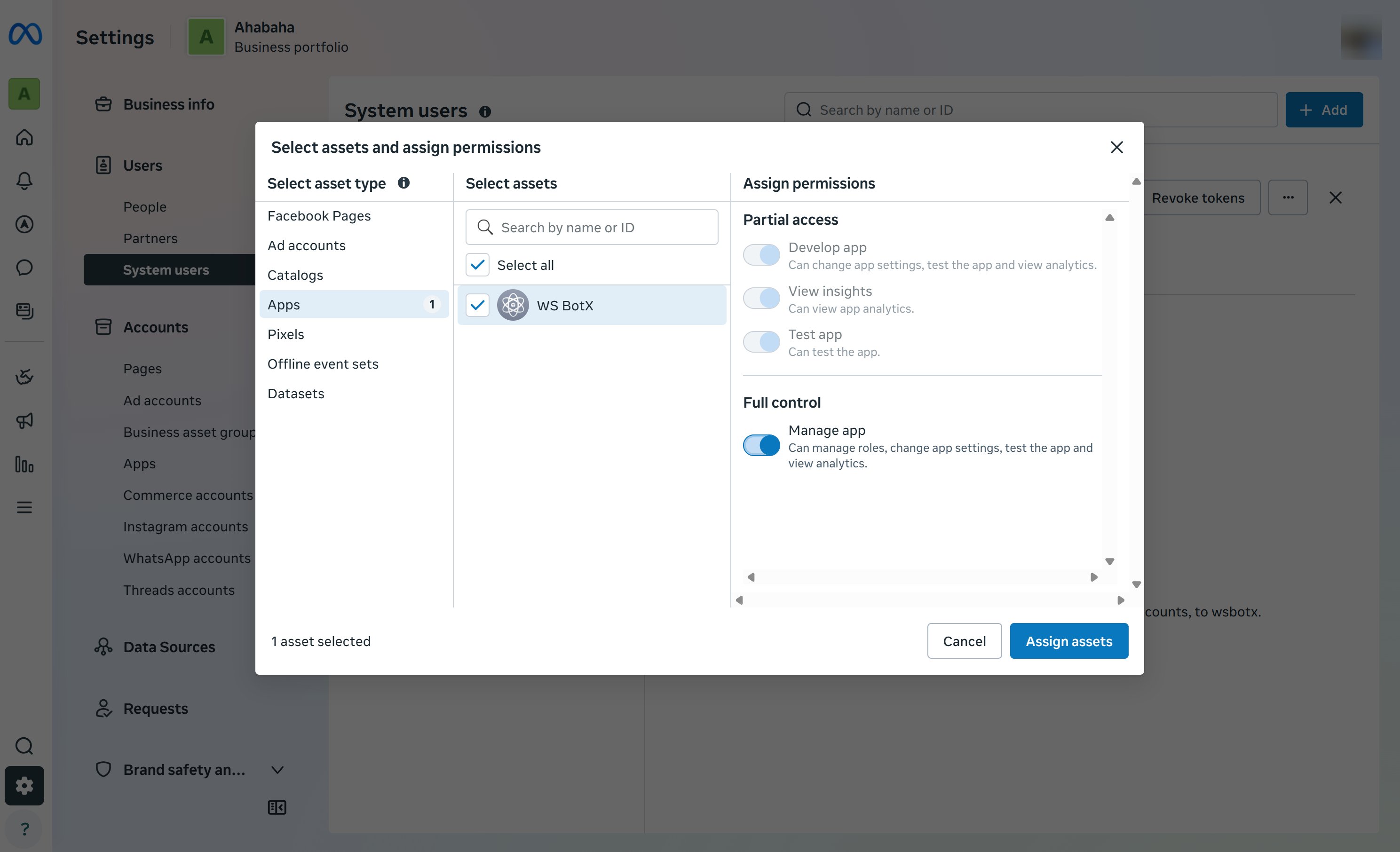 whatsapp_manual_setup_assign_app_and_whatsapp_assets