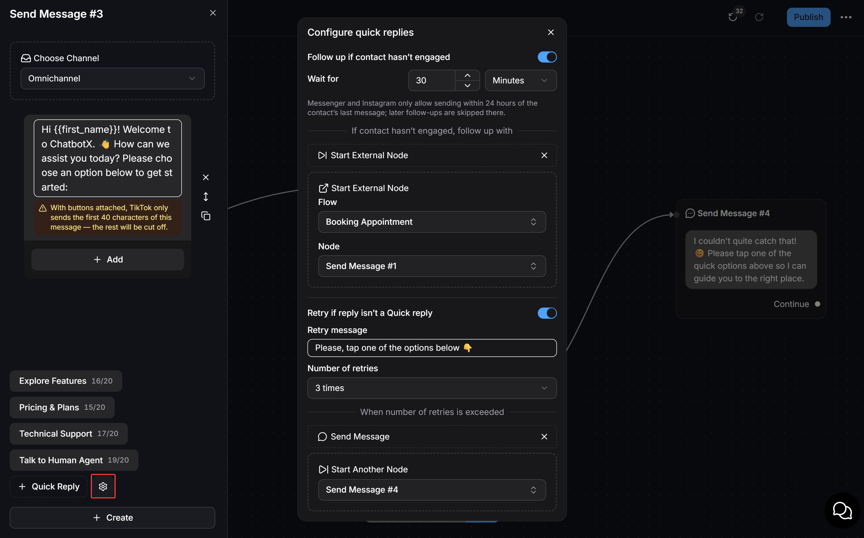 Bảng cấu hình Quick Replies trong Flow Builder