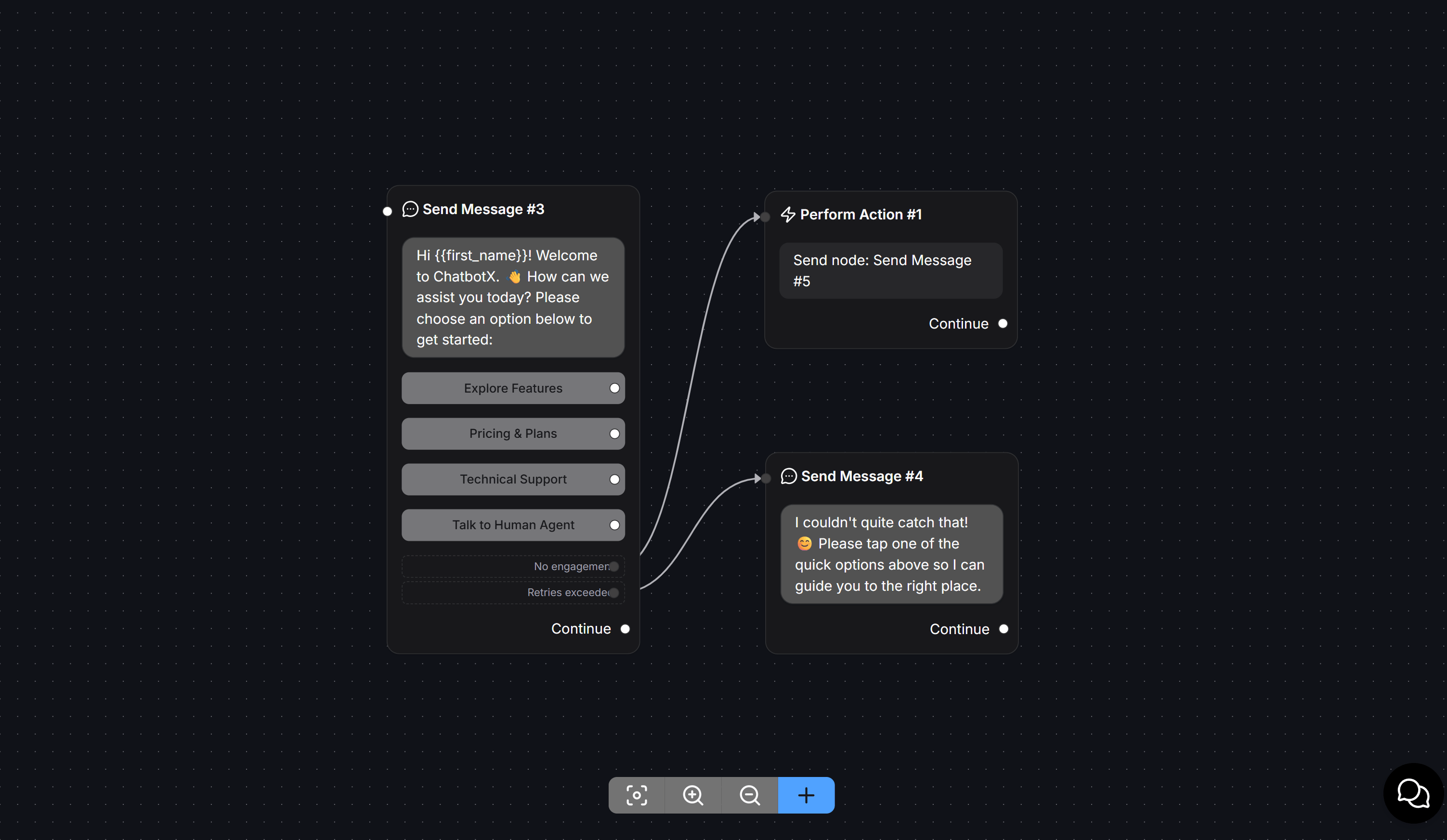 Các cổng kết nối dự phòng của Quick Reply trên Flow Canvas