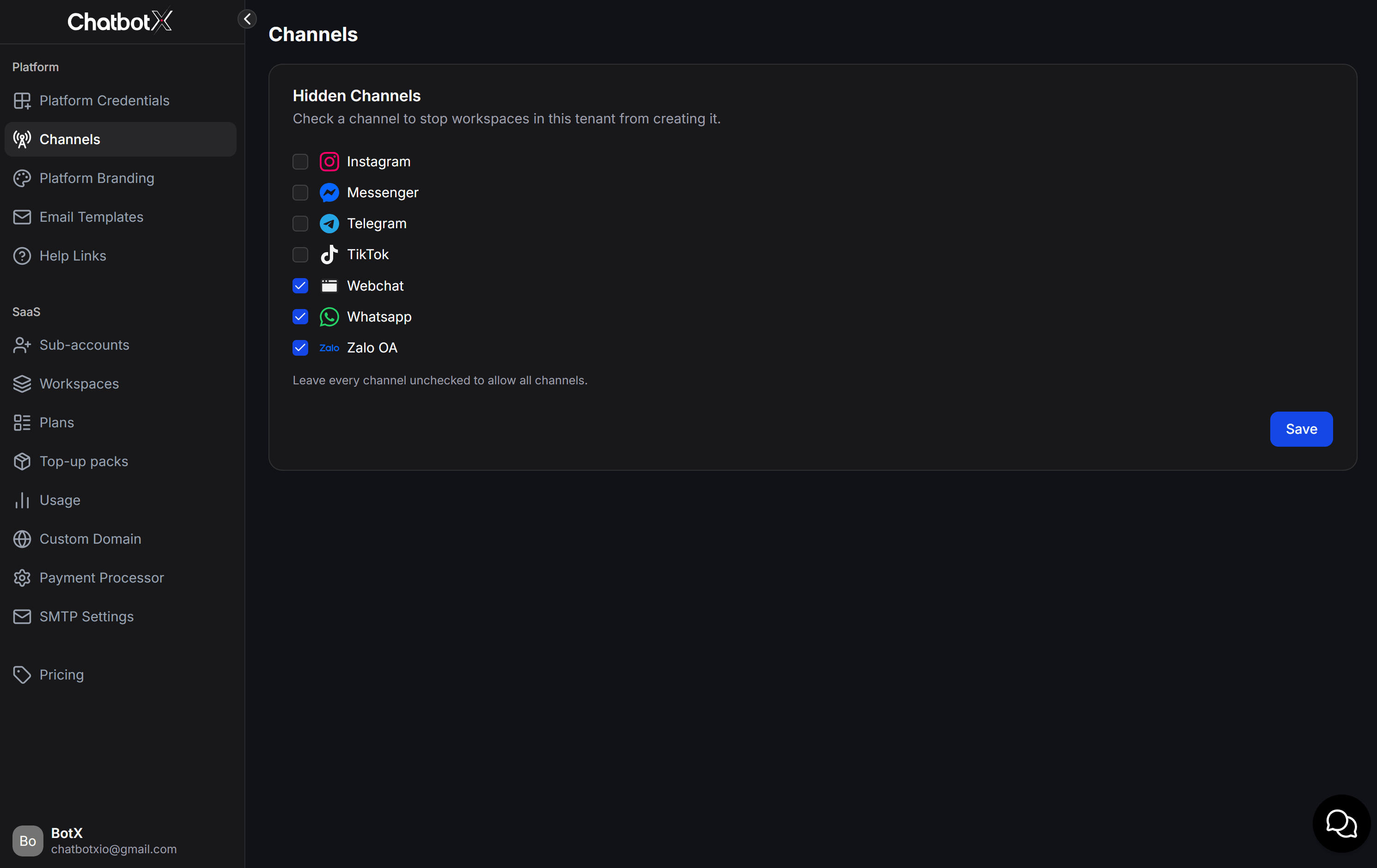 Configure Hidden Channels For White Label Workspaces