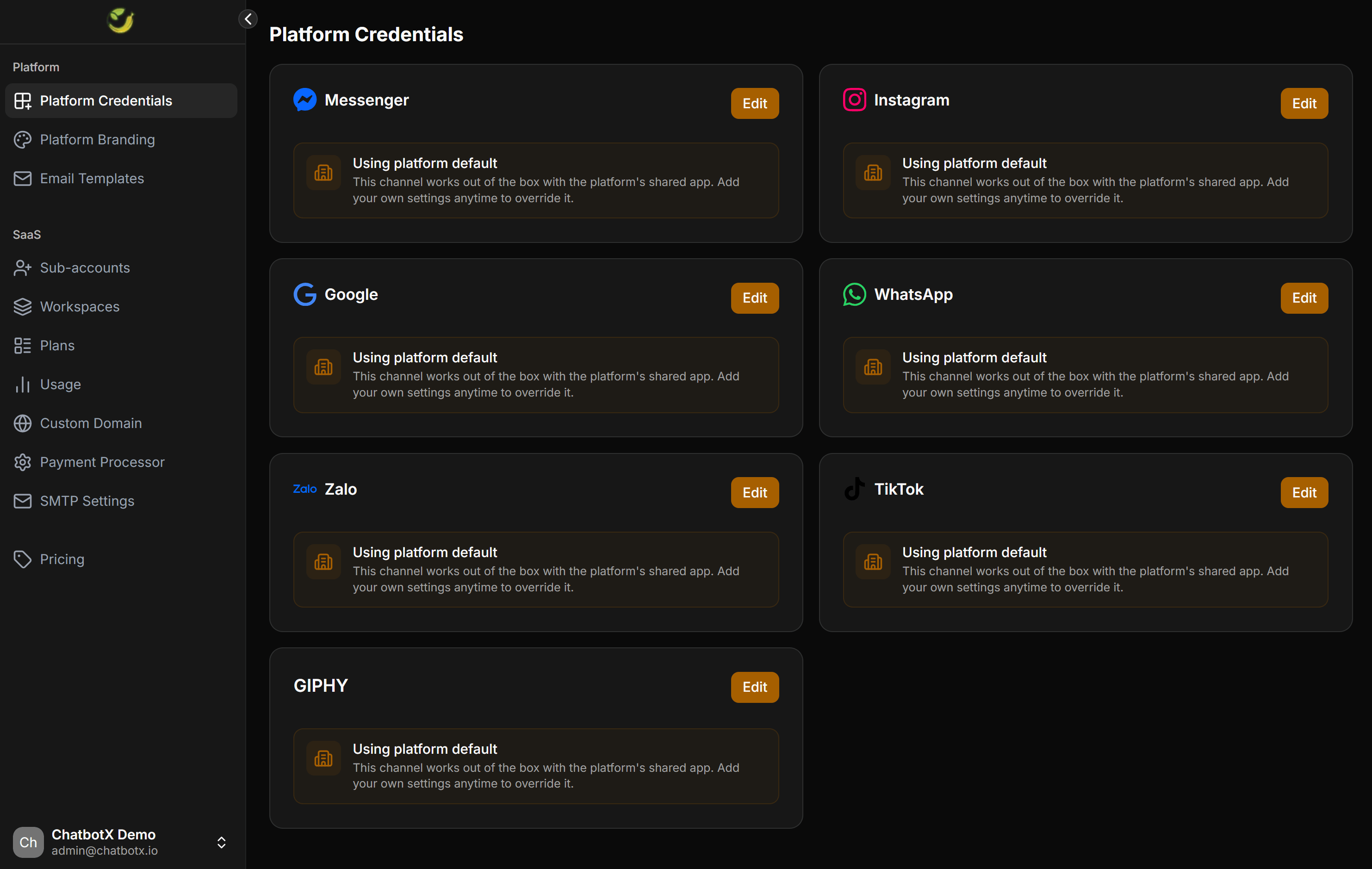 Chatbotx Whitelabel Platform Credentials Overview