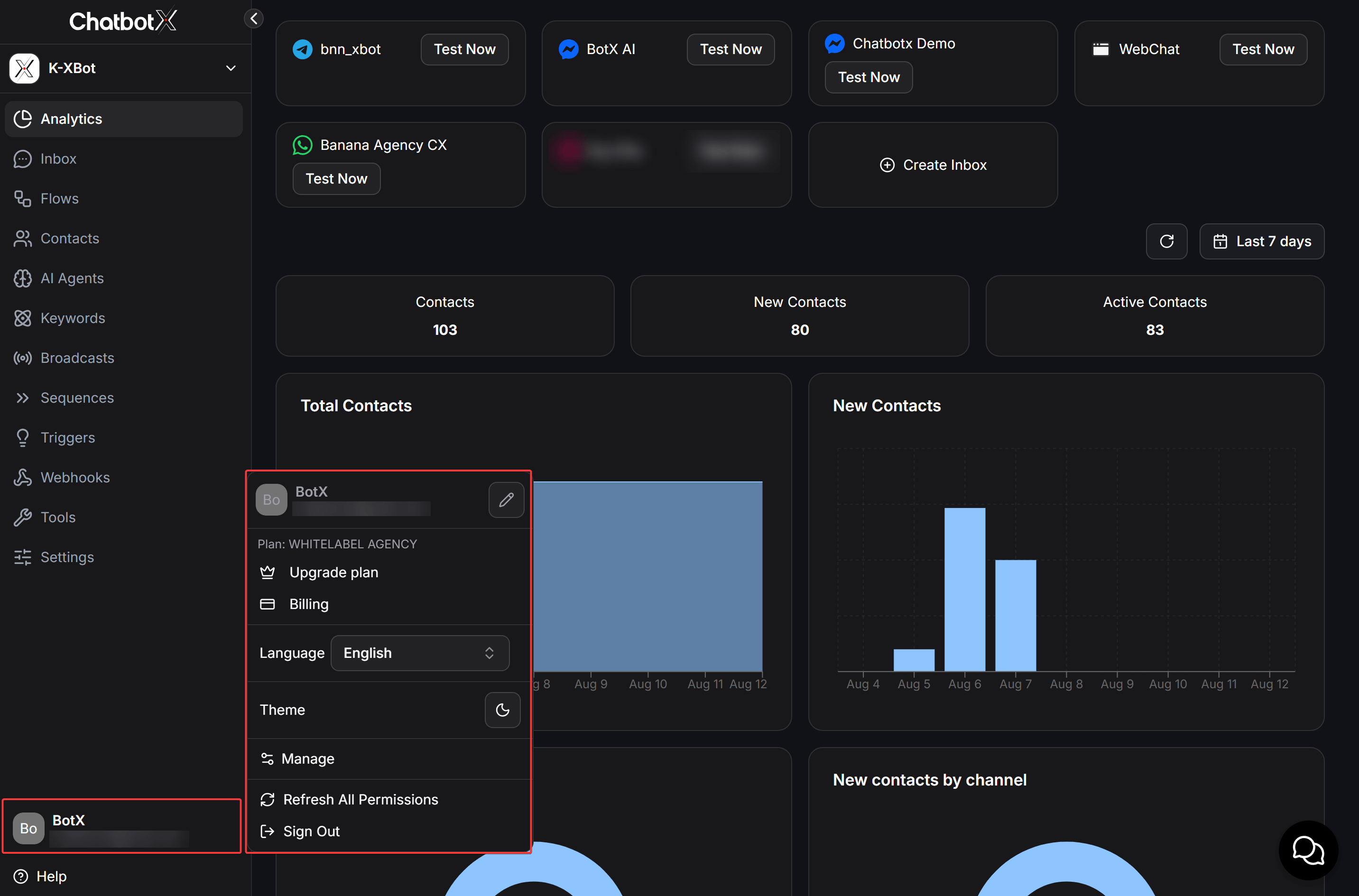 Open the account menu from inside a ChatbotX workspace
