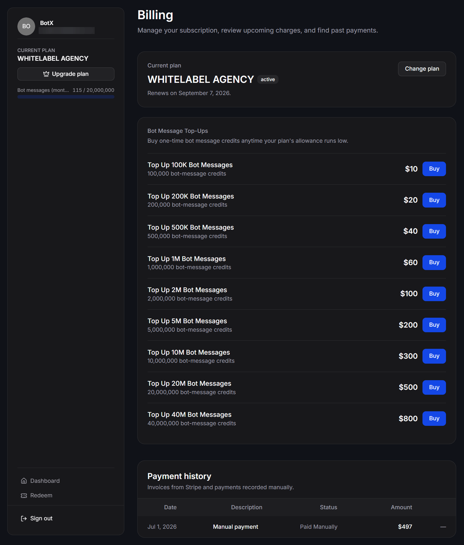 Billing page with the current Plan, Bot Message Top-Ups, and payment history