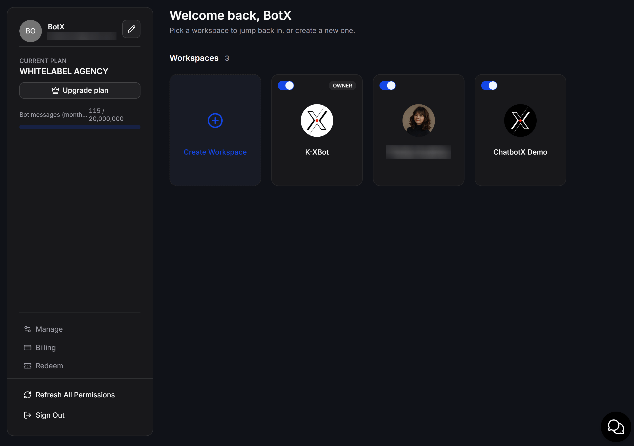 ChatbotX account workspace management dashboard