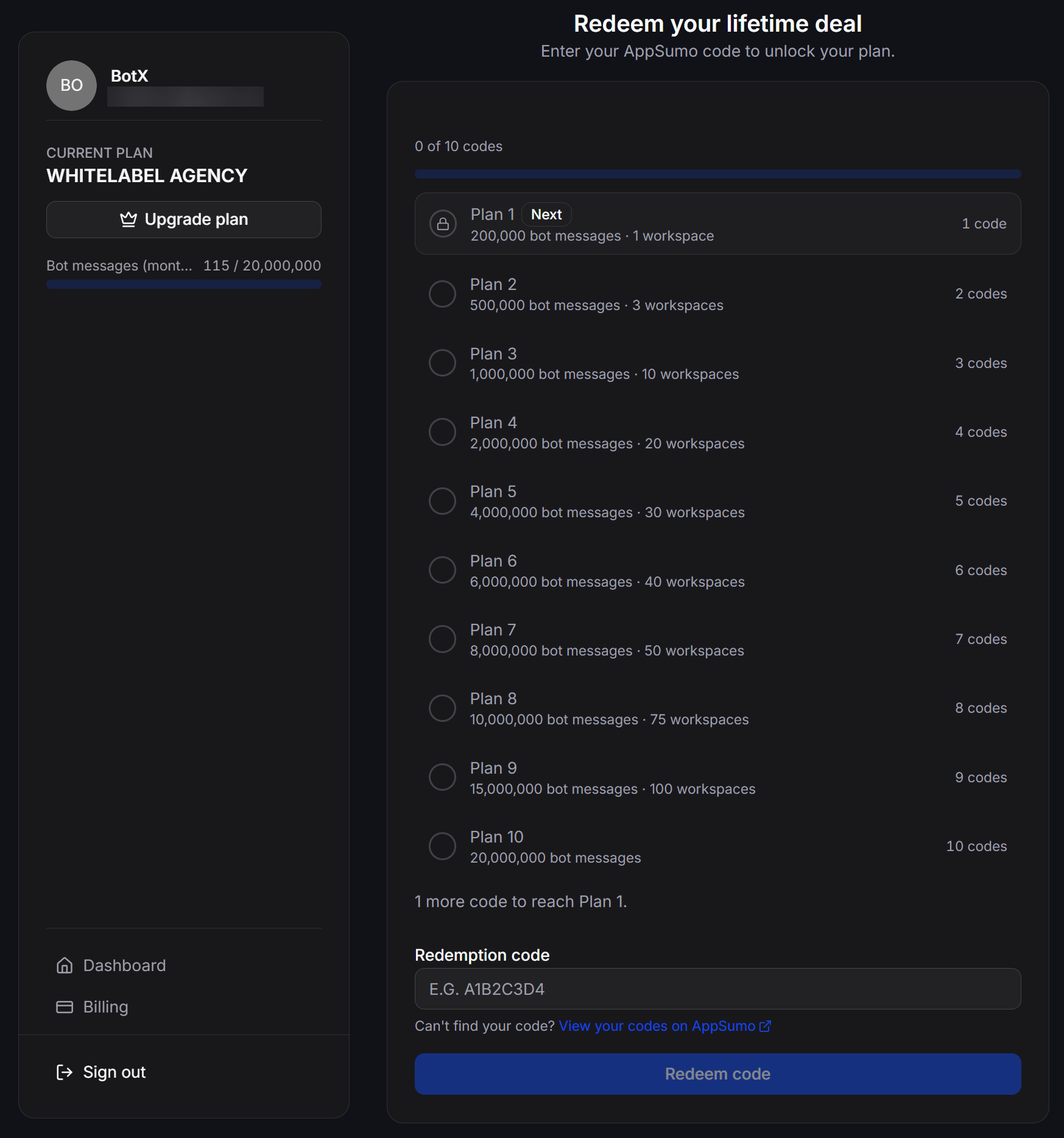 Redeem page with Plan levels and the AppSumo code field