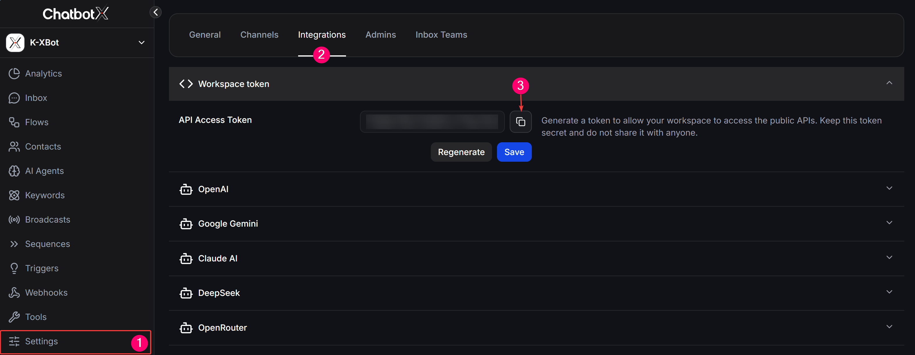 Copy the ChatbotX API access token from Integrations settings