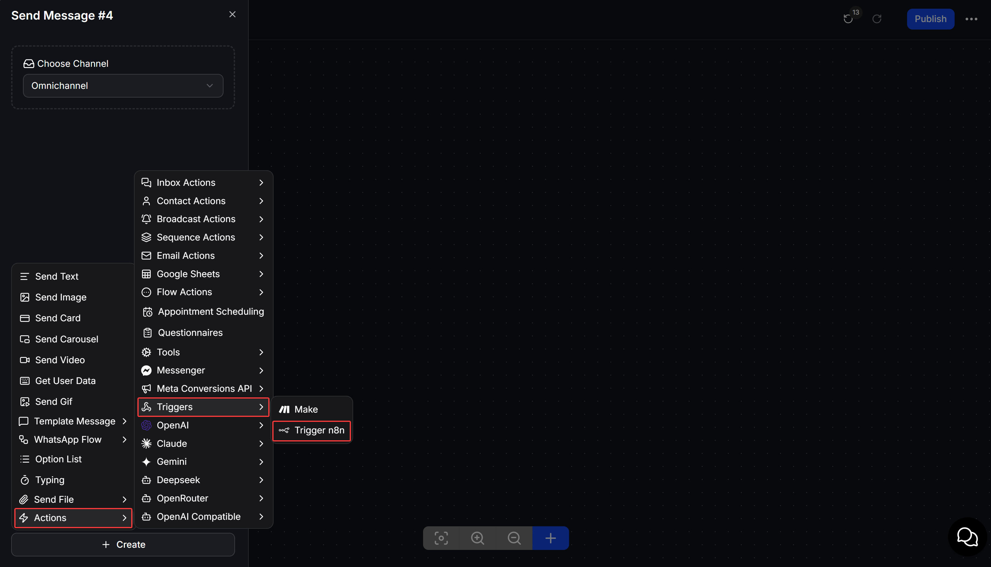 Add the Trigger n8n action block in ChatbotX Flow Builder