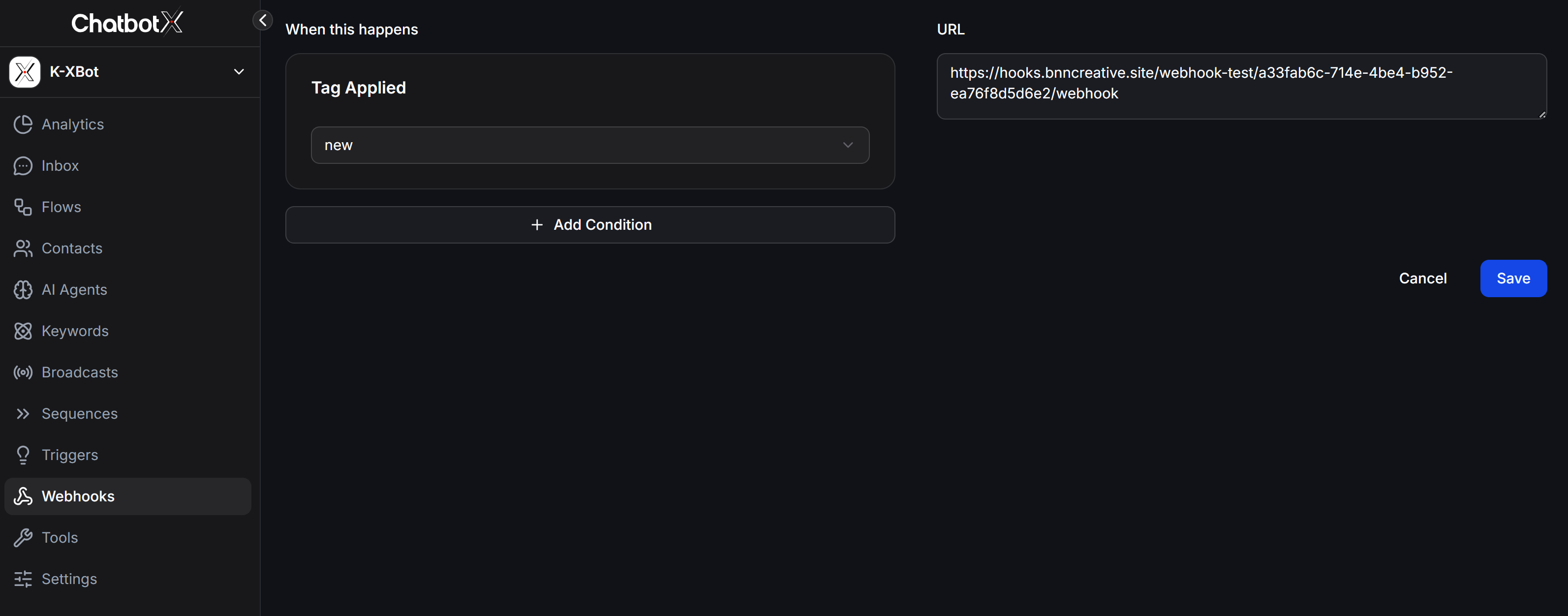 Configure a matching ChatbotX webhook with the n8n test URL
