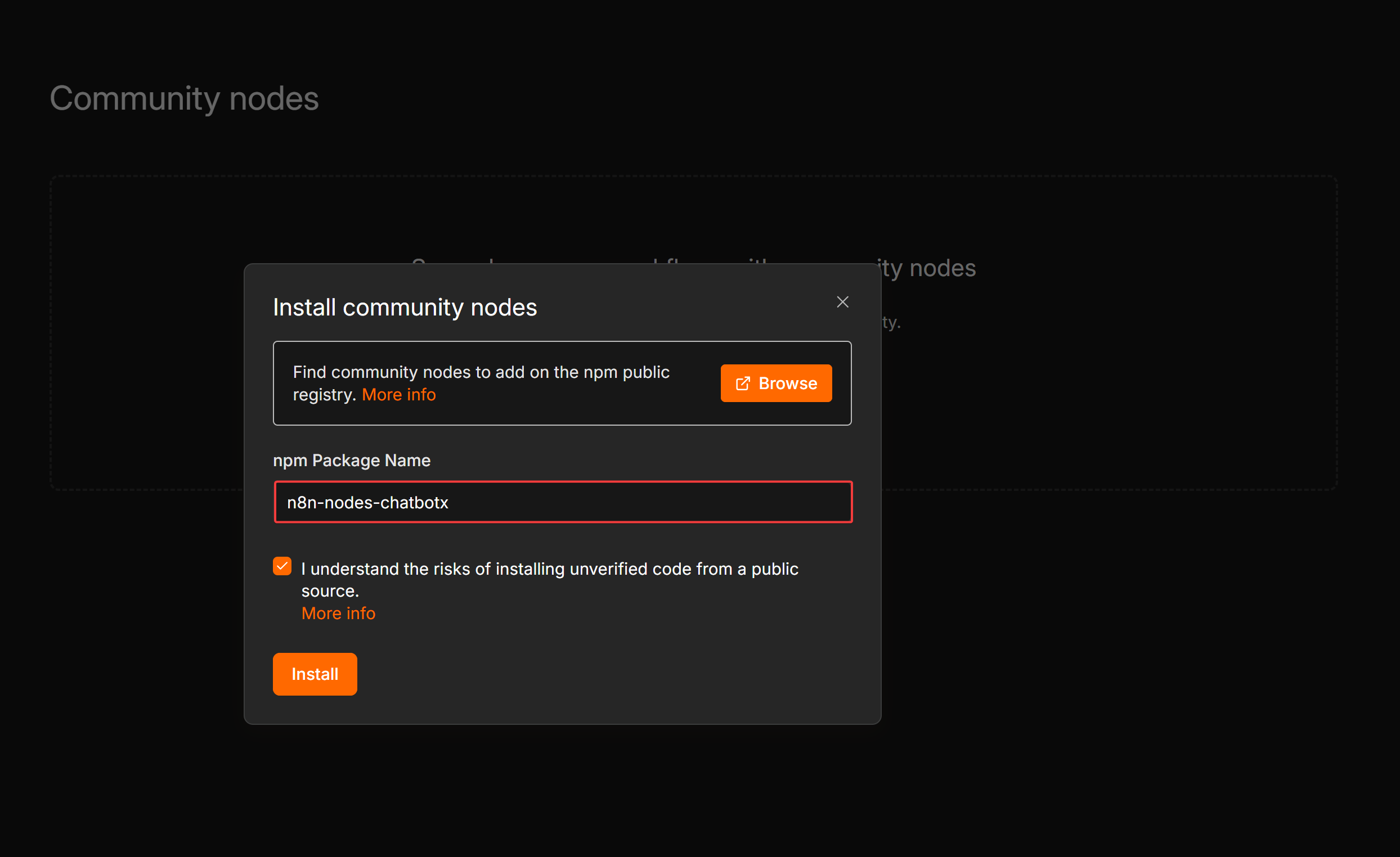Install the ChatbotX community node package in n8n