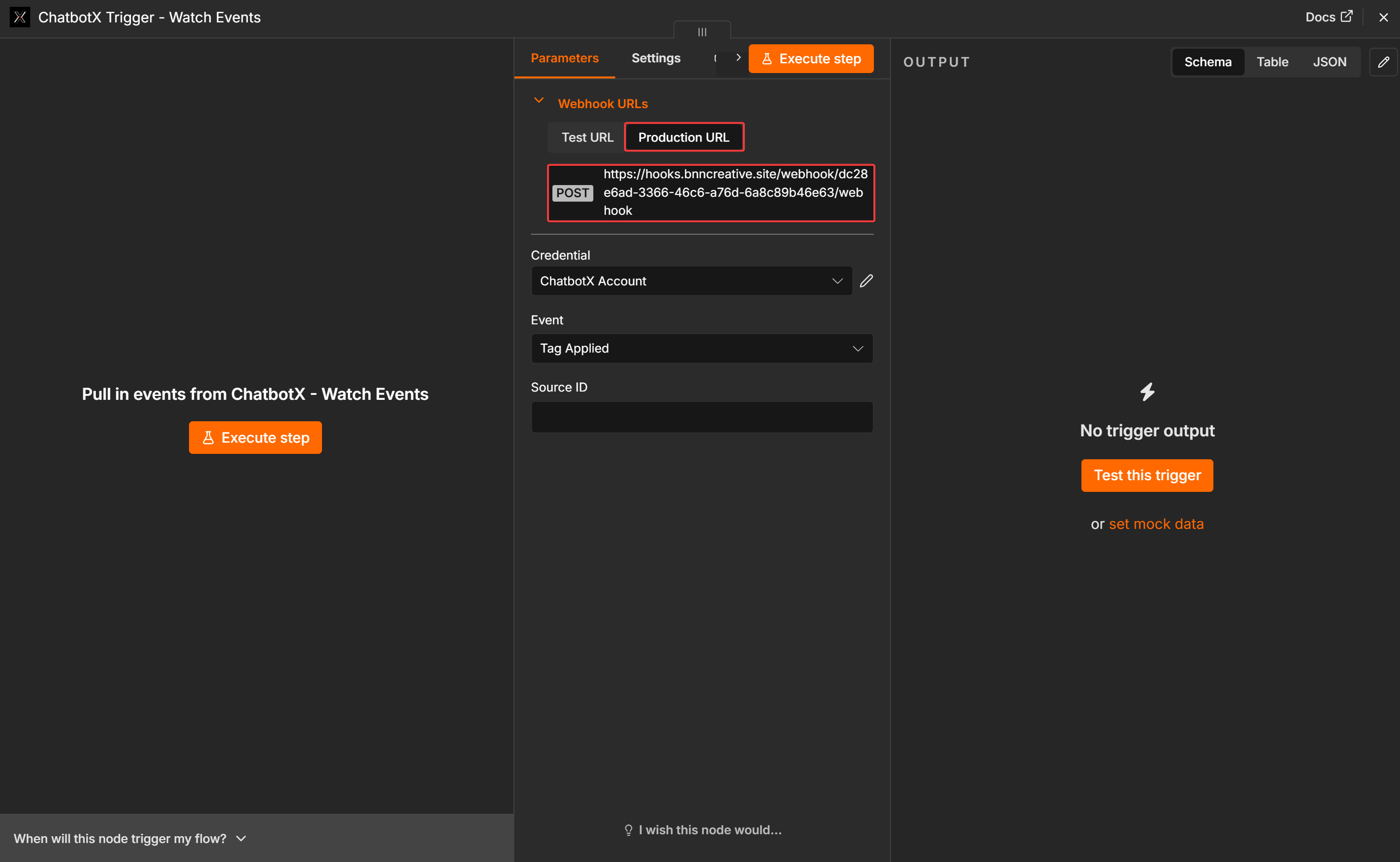 Copy the Watch Events production webhook URL in n8n