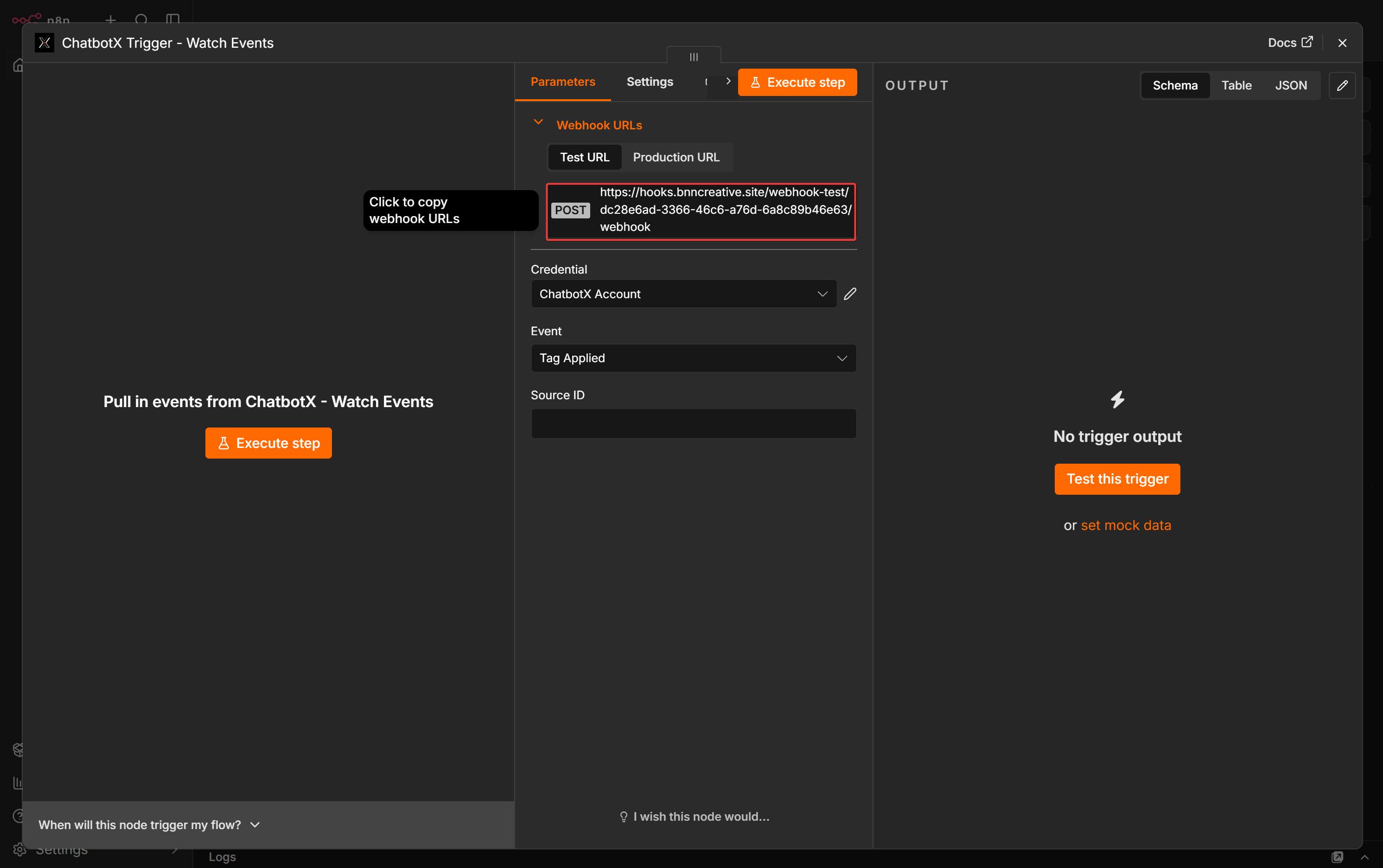 Copy the Watch Events test webhook URL in n8n