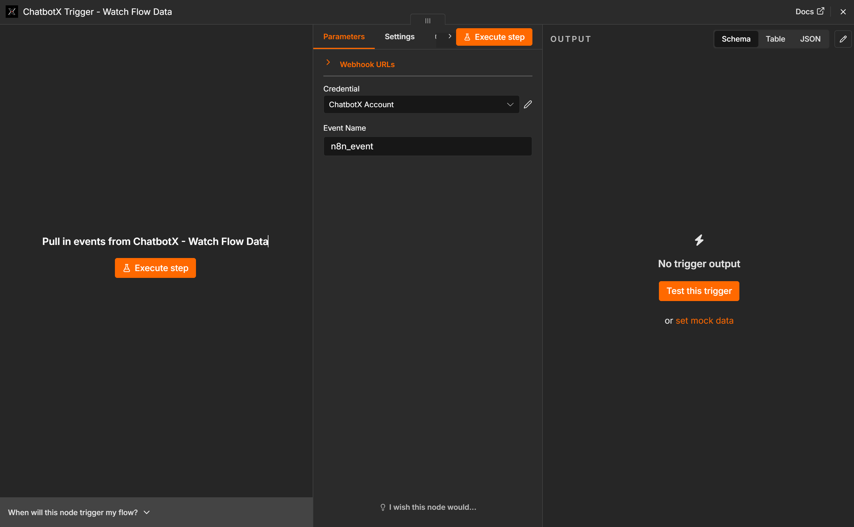 Configure an event name in the ChatbotX Watch Flow Data trigger
