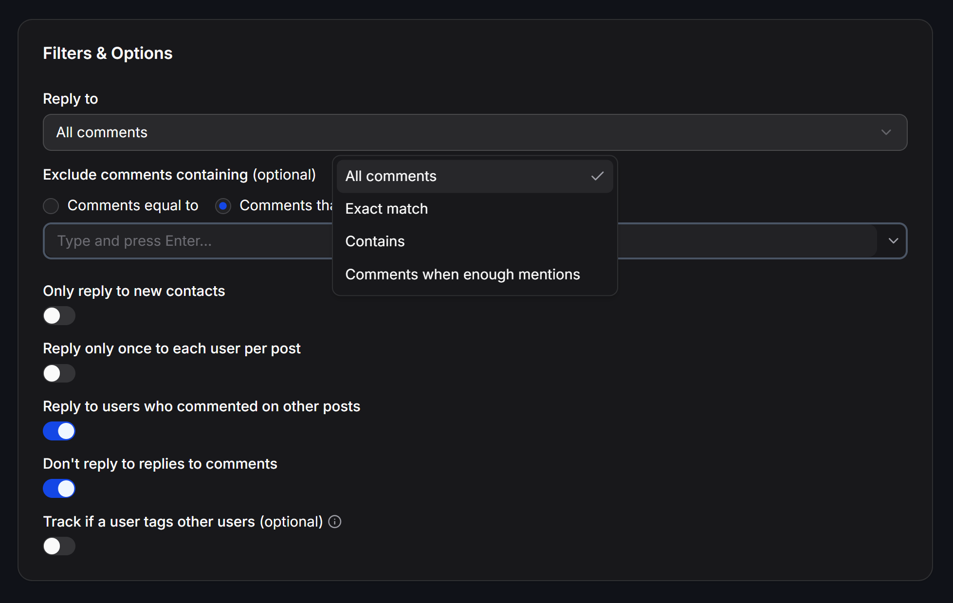 Chatbotx Threads Comment Filters Options