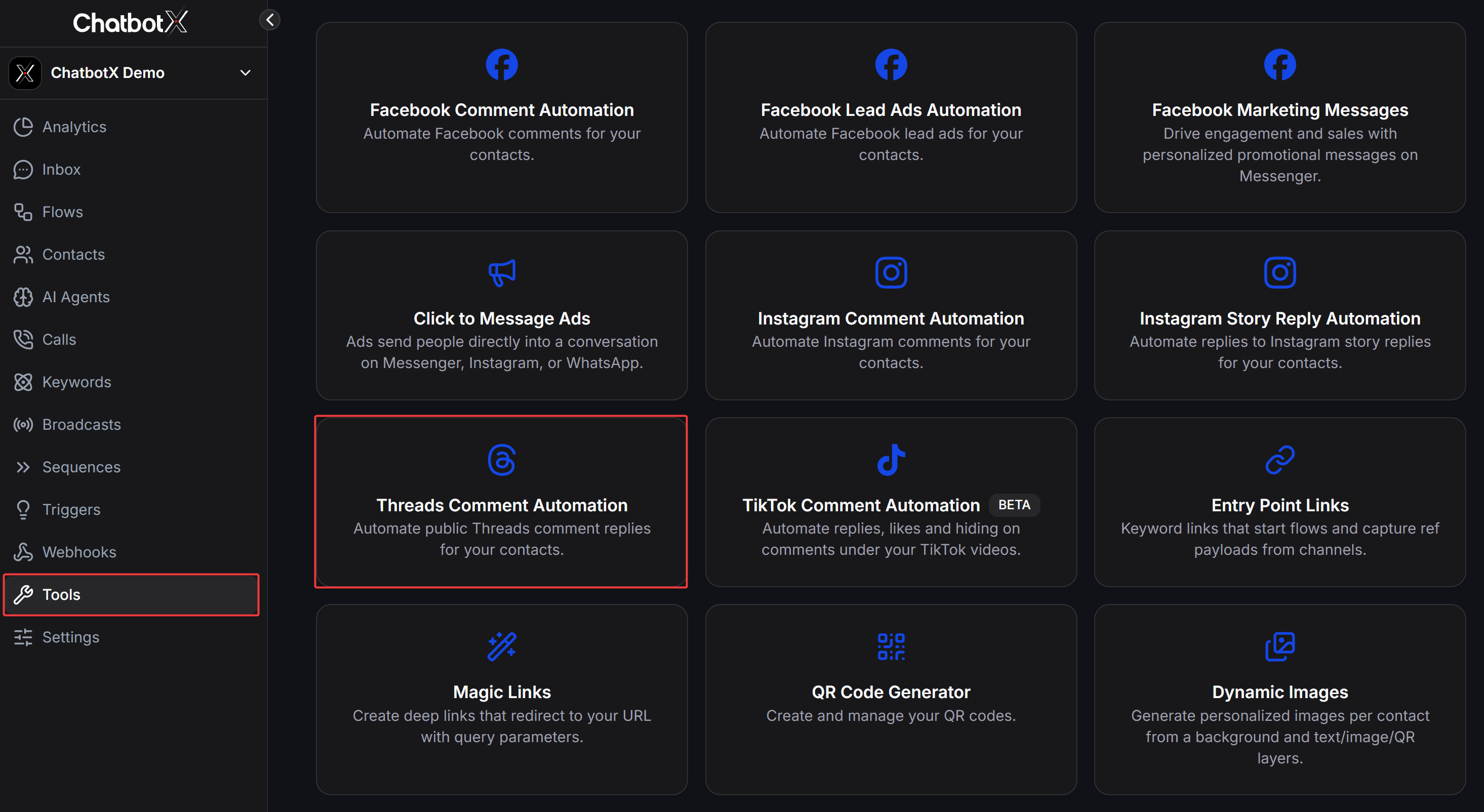 Chatbotx Tools Menu Threads Comment