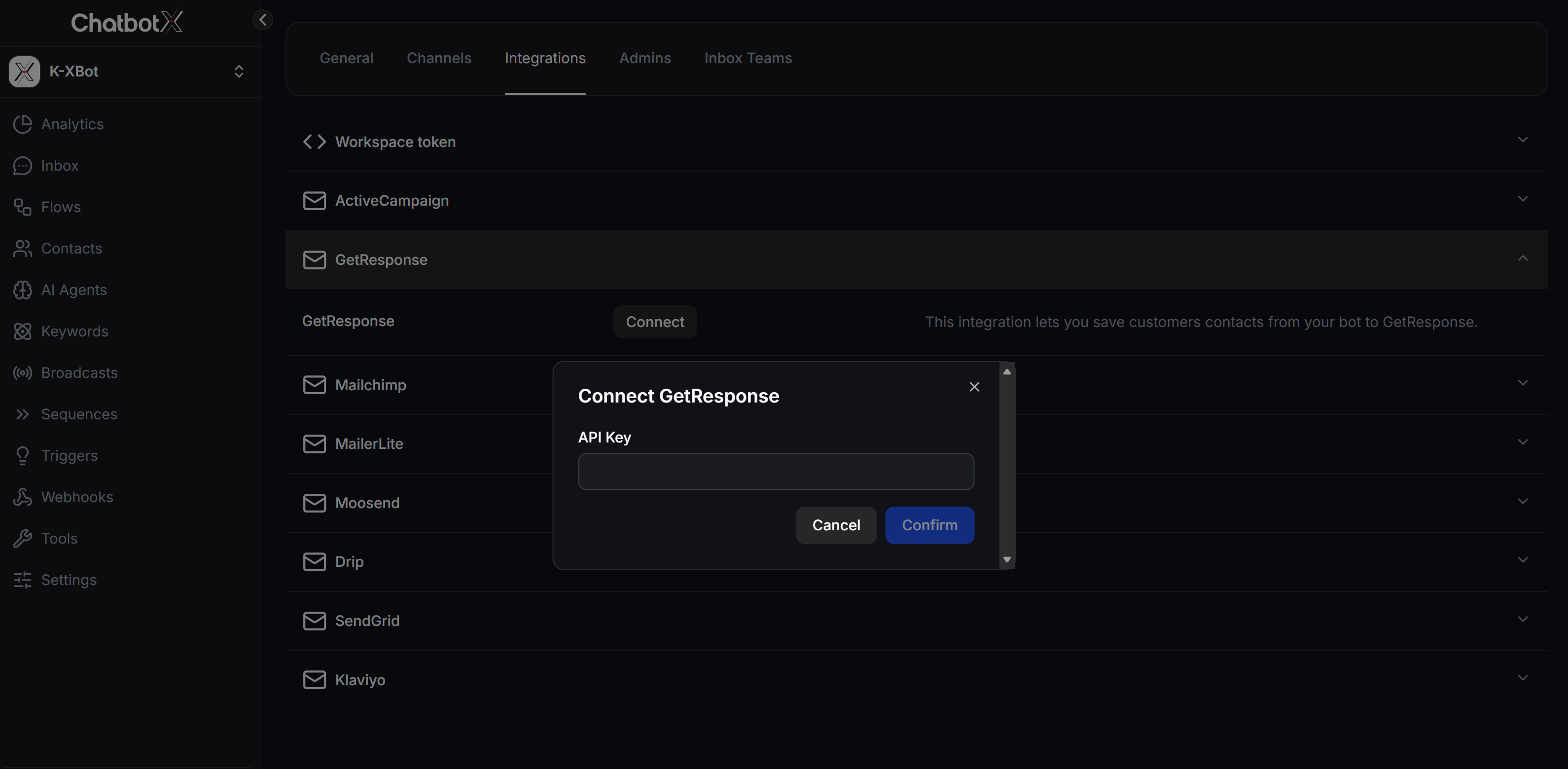 Connect GetResponse in ChatbotX Integrations