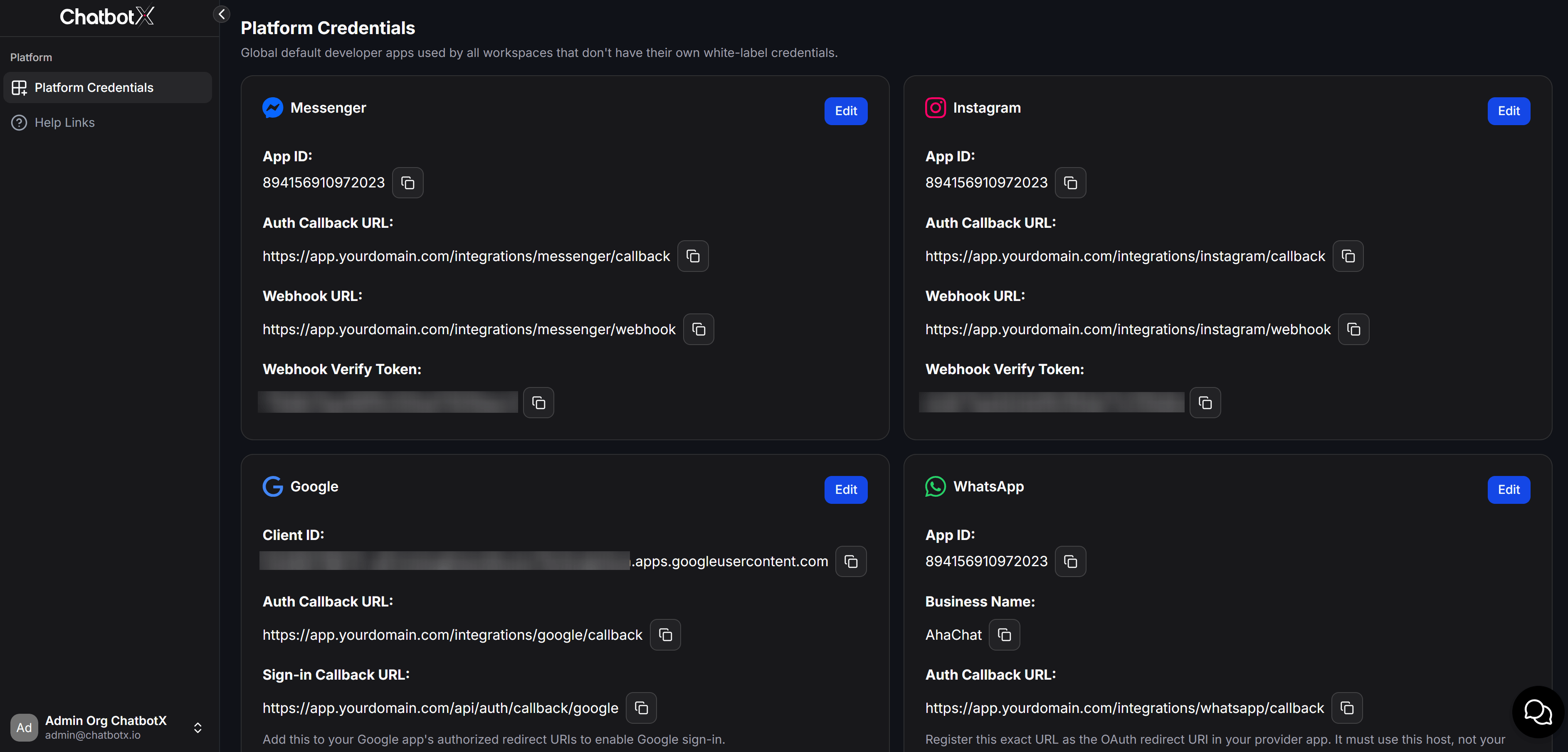 Chatbotx Self Hosting Platform Credentials Overview