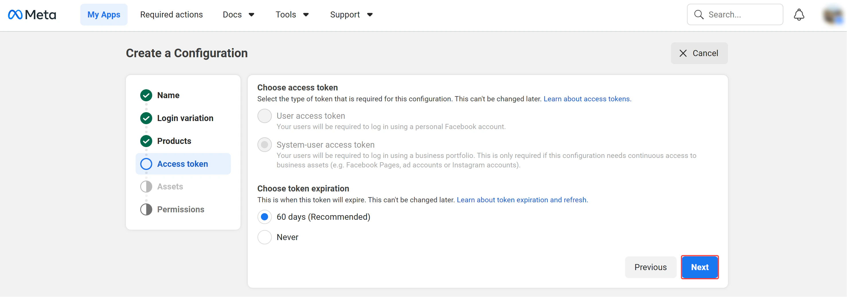 Facebook Create Configuration Step Access Token