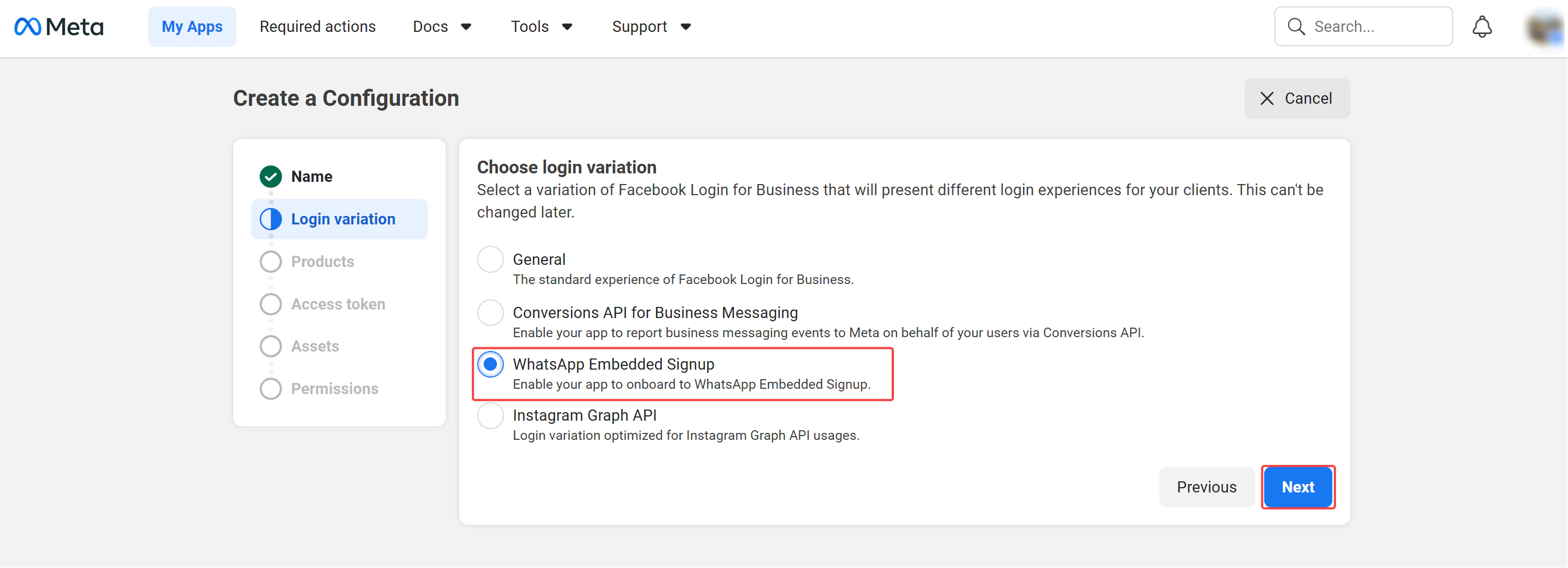 Facebook Create Configuration Step Login Variation