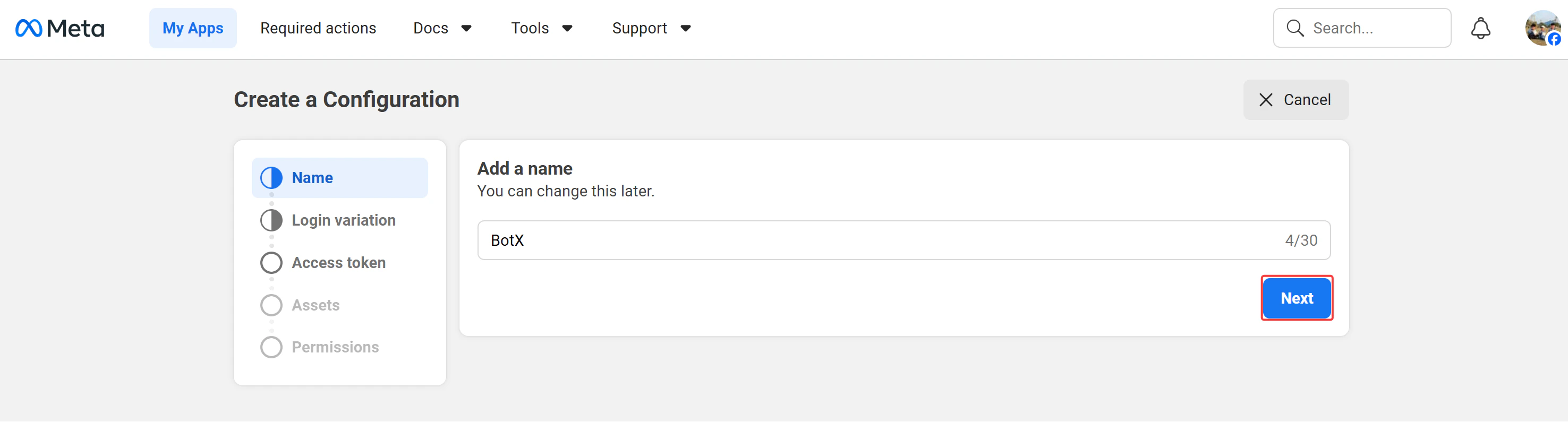 Facebook Create Configuration Step Name