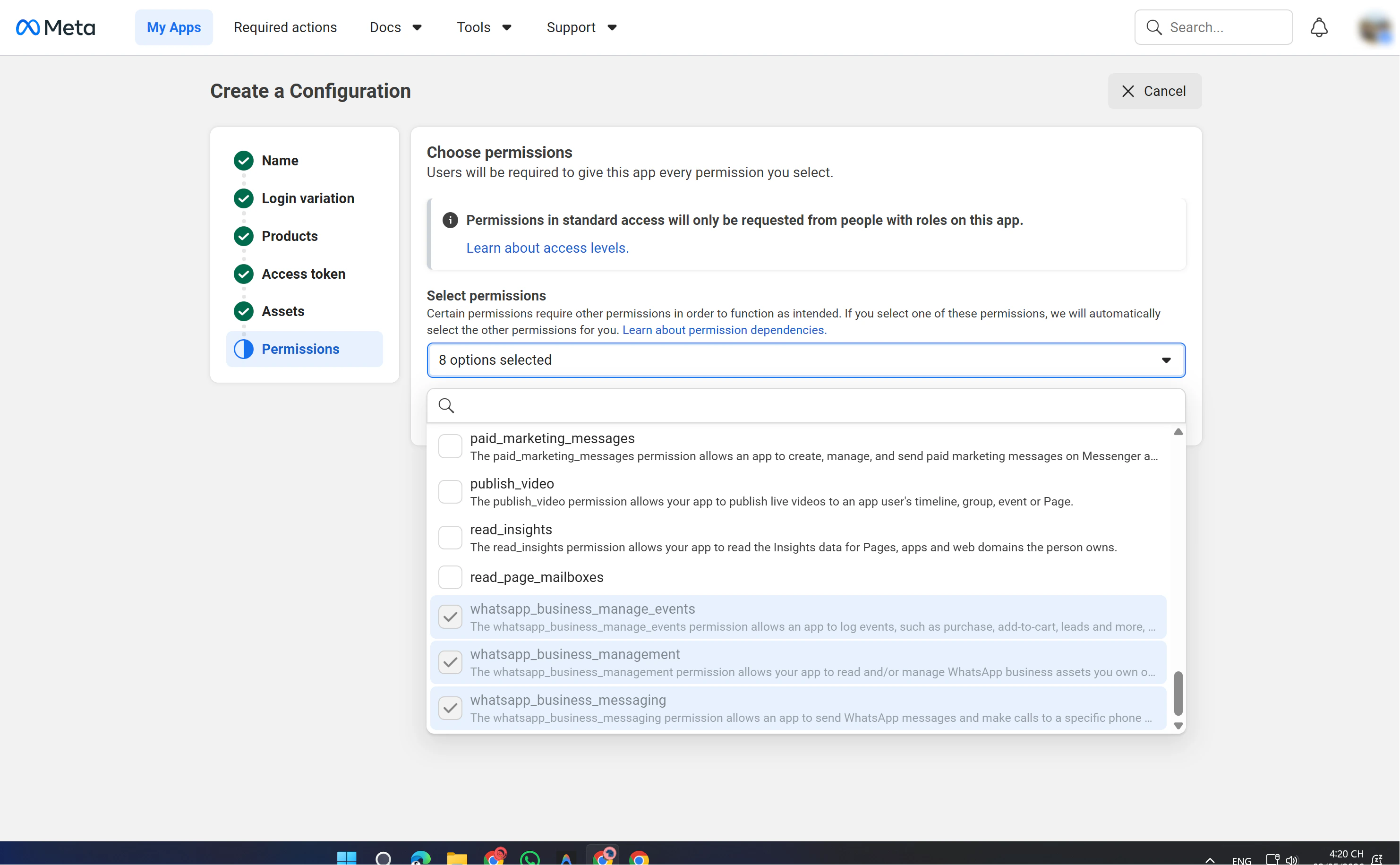 Facebook Create Configuration Step Permissions
