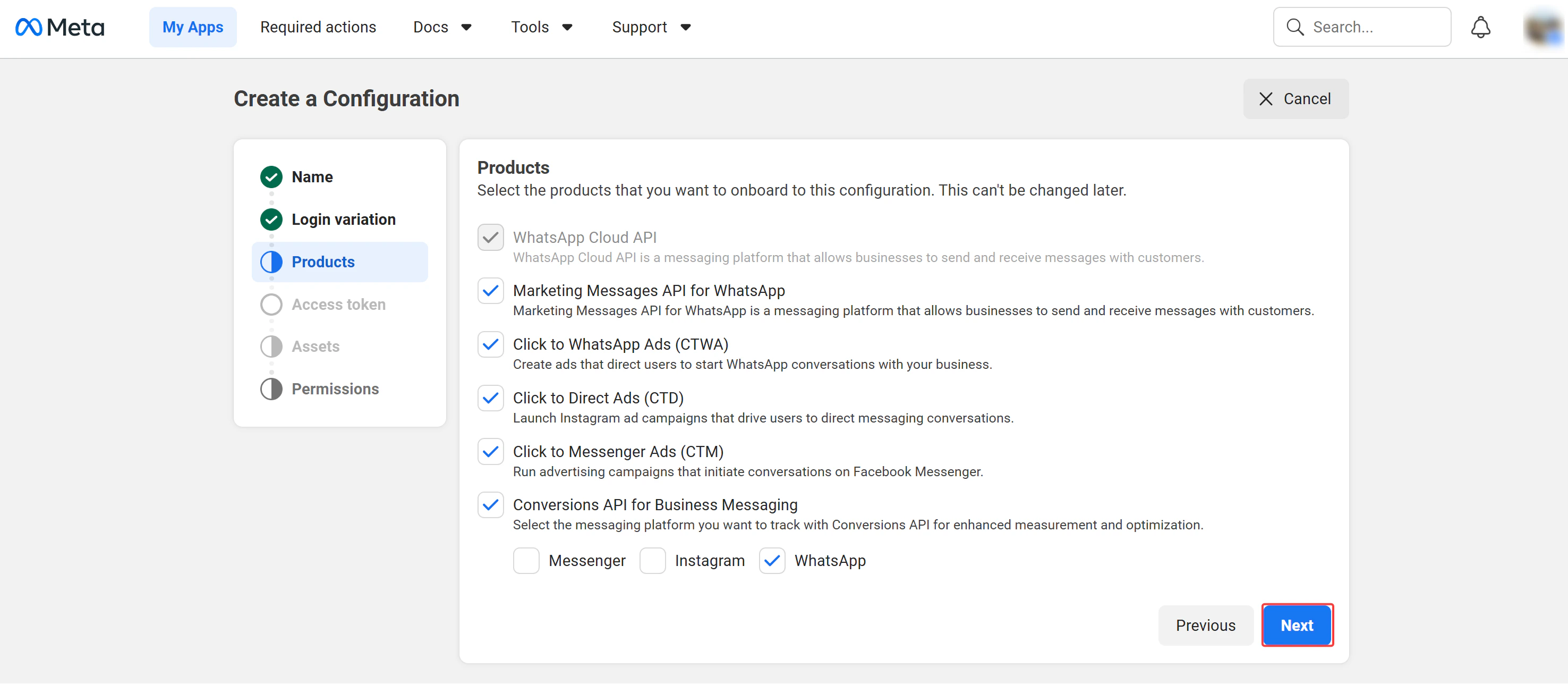 Facebook Create Configuration Step Products