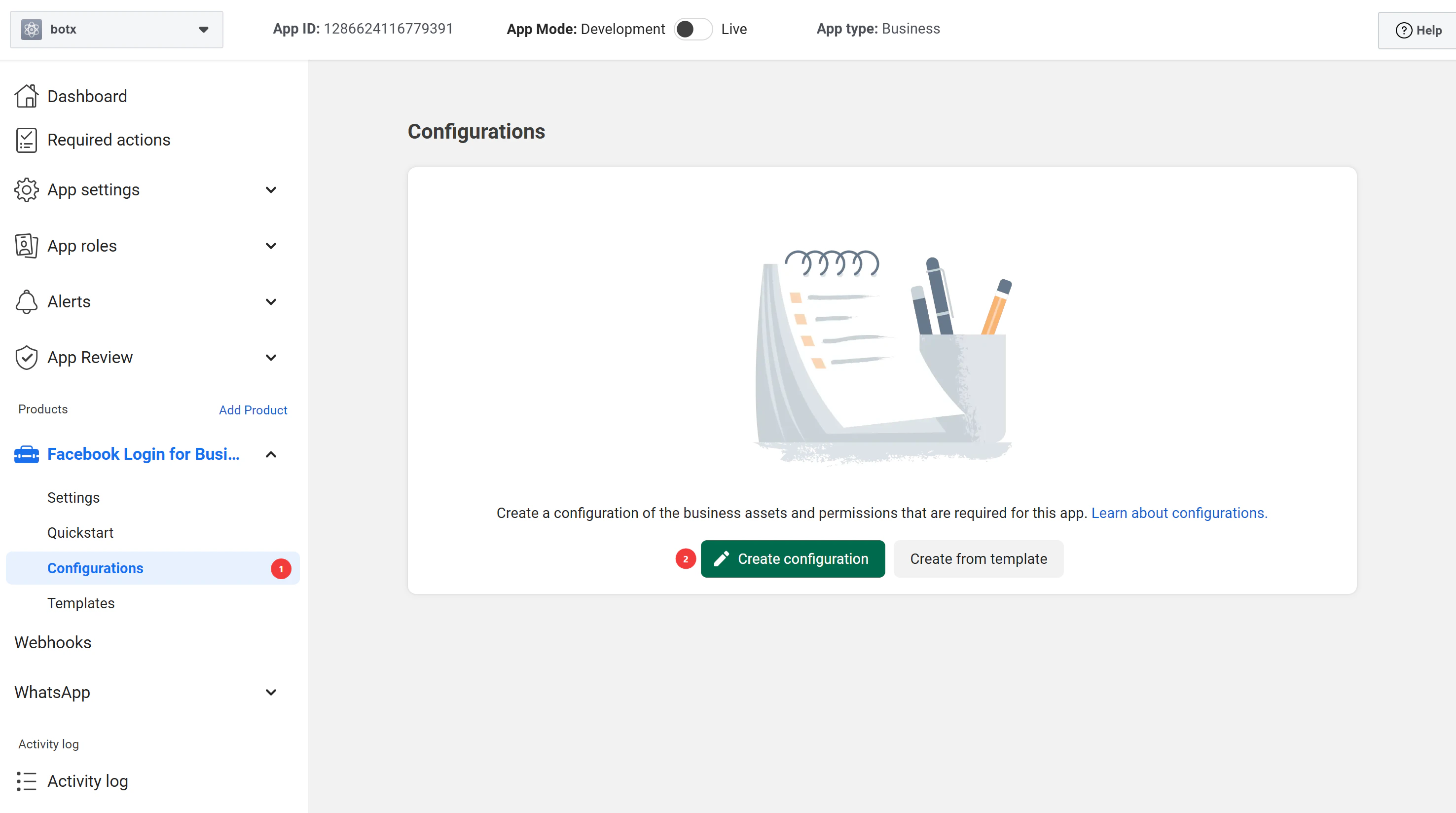 Facebook Login For Business Configuration Menu