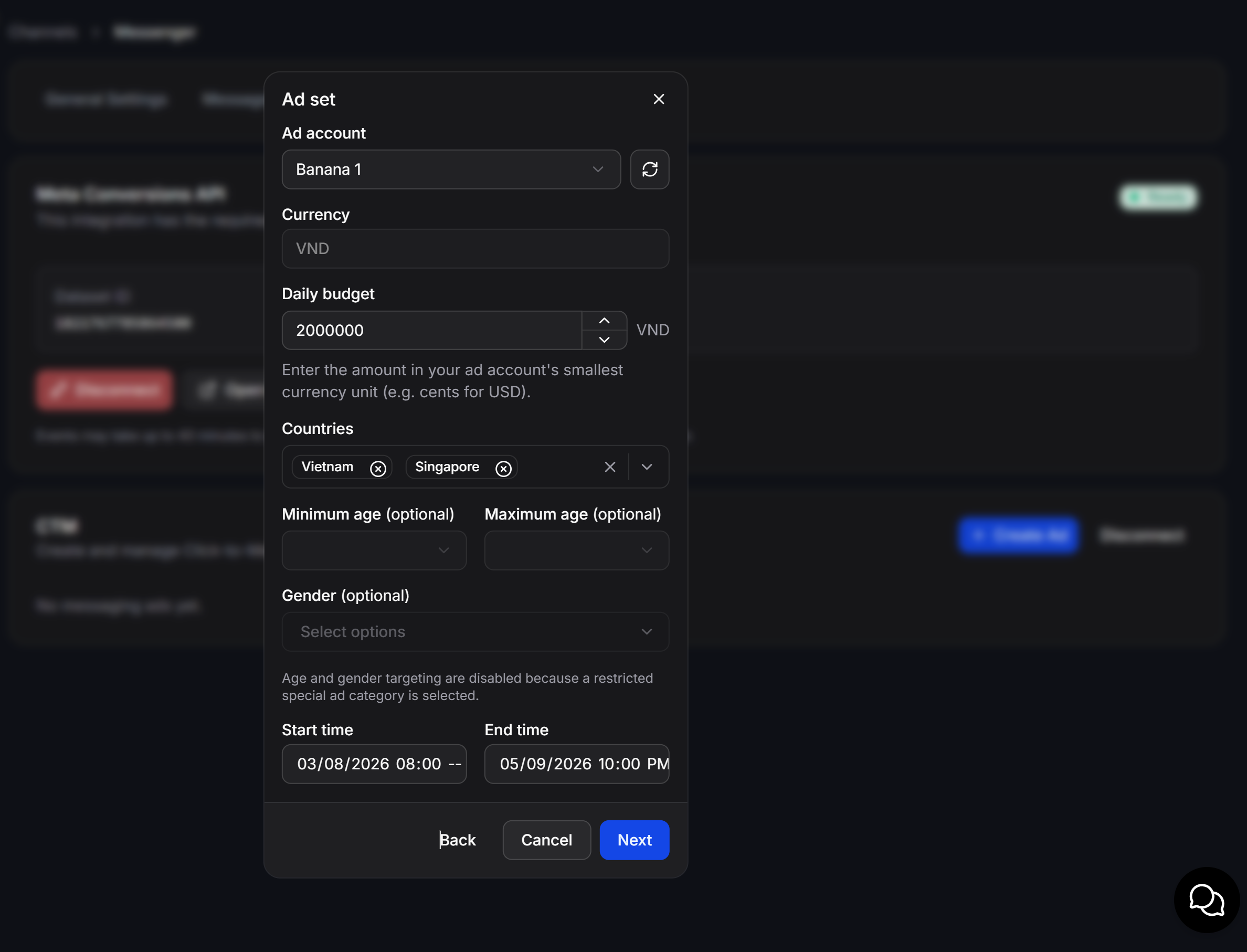 Messaging Ads Step2 Adset