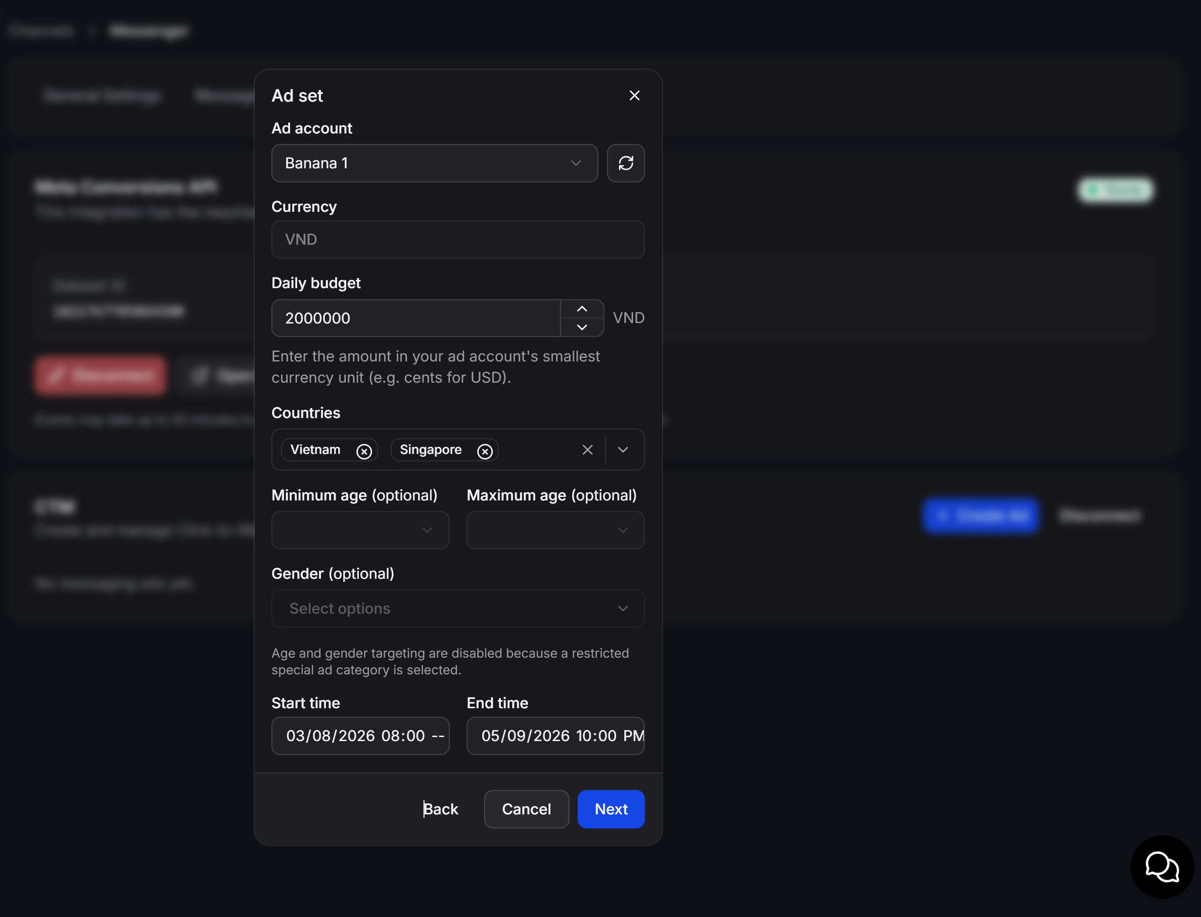 Messaging Ads Step2 Adset