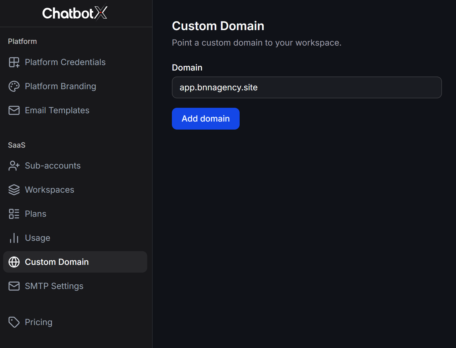 Chatbotx Whitelabel Custom Domain Entry